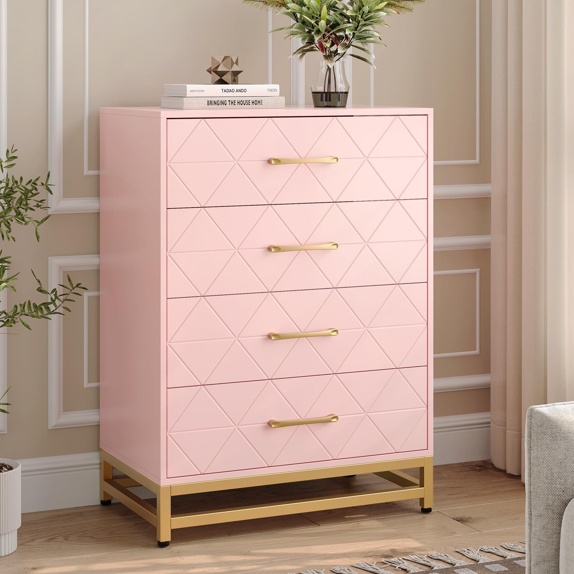 Cassettiera per camera da letto Garvee con 4 cassetti, maniglie in metallo, rosa, legno, viola in metallo robuste, salvaspazio, per soggiorno e ufficio