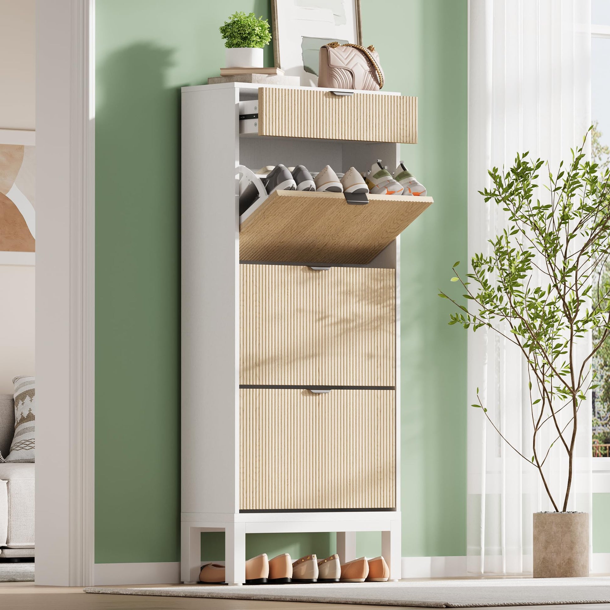 Scarpiera Garvee con 3 scomparti a ribalta, design scanalato in stile rustico, gambe in metallo, rovere bianco, per corridoio e ingresso