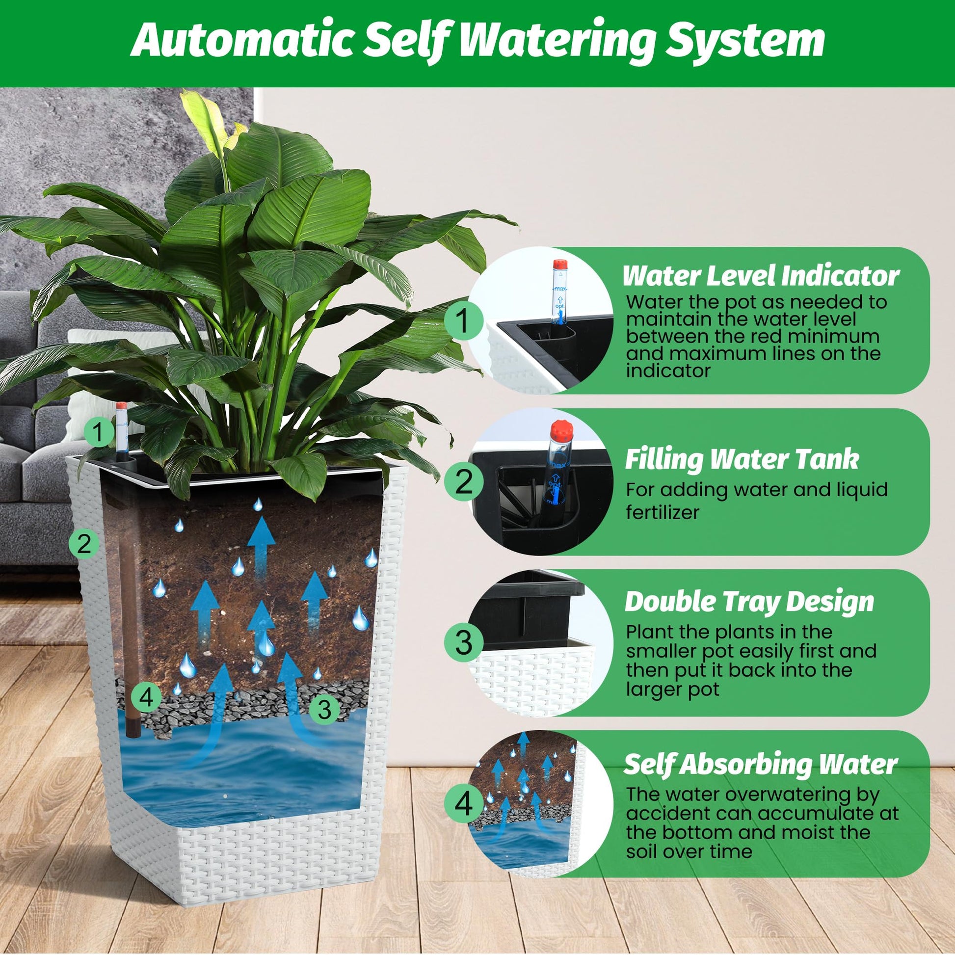 Set di fioriere in rattan Garvee da 16 pollici con indicatore del livello dell'acqua e ruote per patio e soggiorno, bianco, resistente alle intemperie