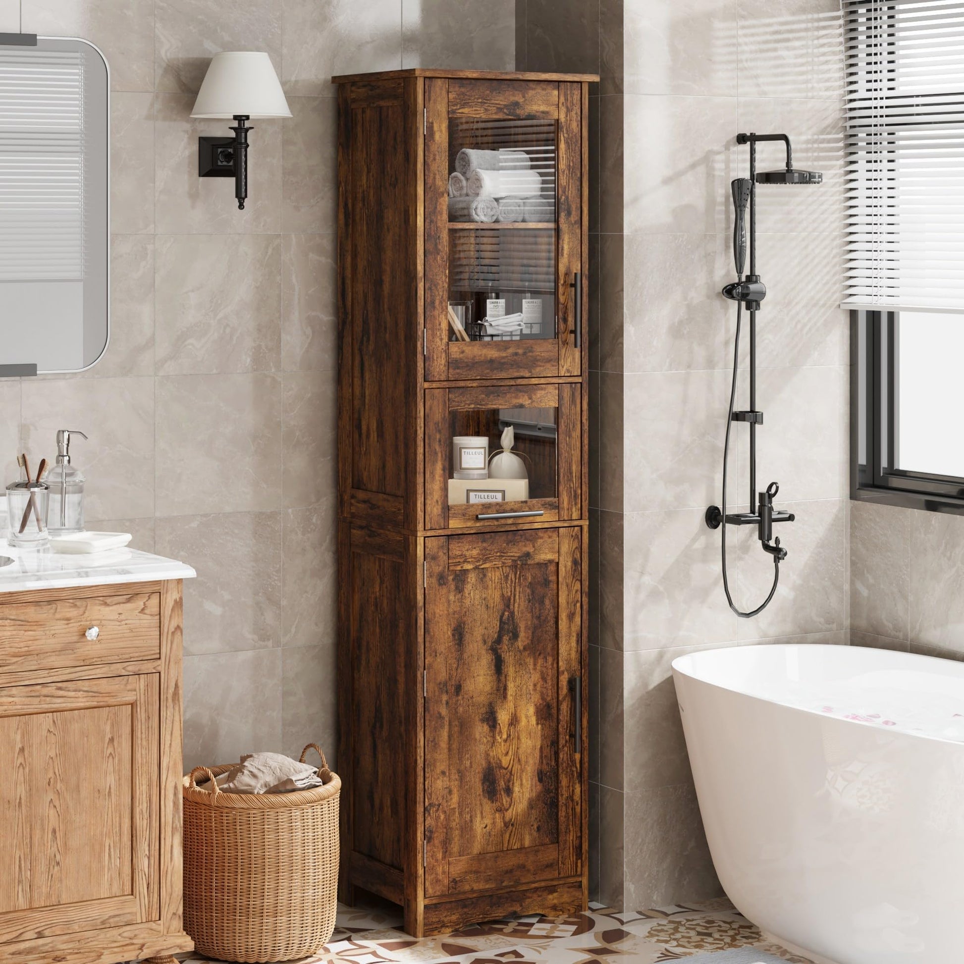 Mobiletto da bagno Garvee, alto e stretto, 170 cm, con 2 ante e 1 cassetto, marrone vintage, ripiani regolabili, salvaspazio per bagno, corridoio e soggiorno.