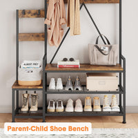 Appendiabiti Garvee con scarpiera e contenitore, robusta struttura in metallo, 8 ganci e ripiano, MDF, rustico, piedini regolabili, corridoio e soggiorno