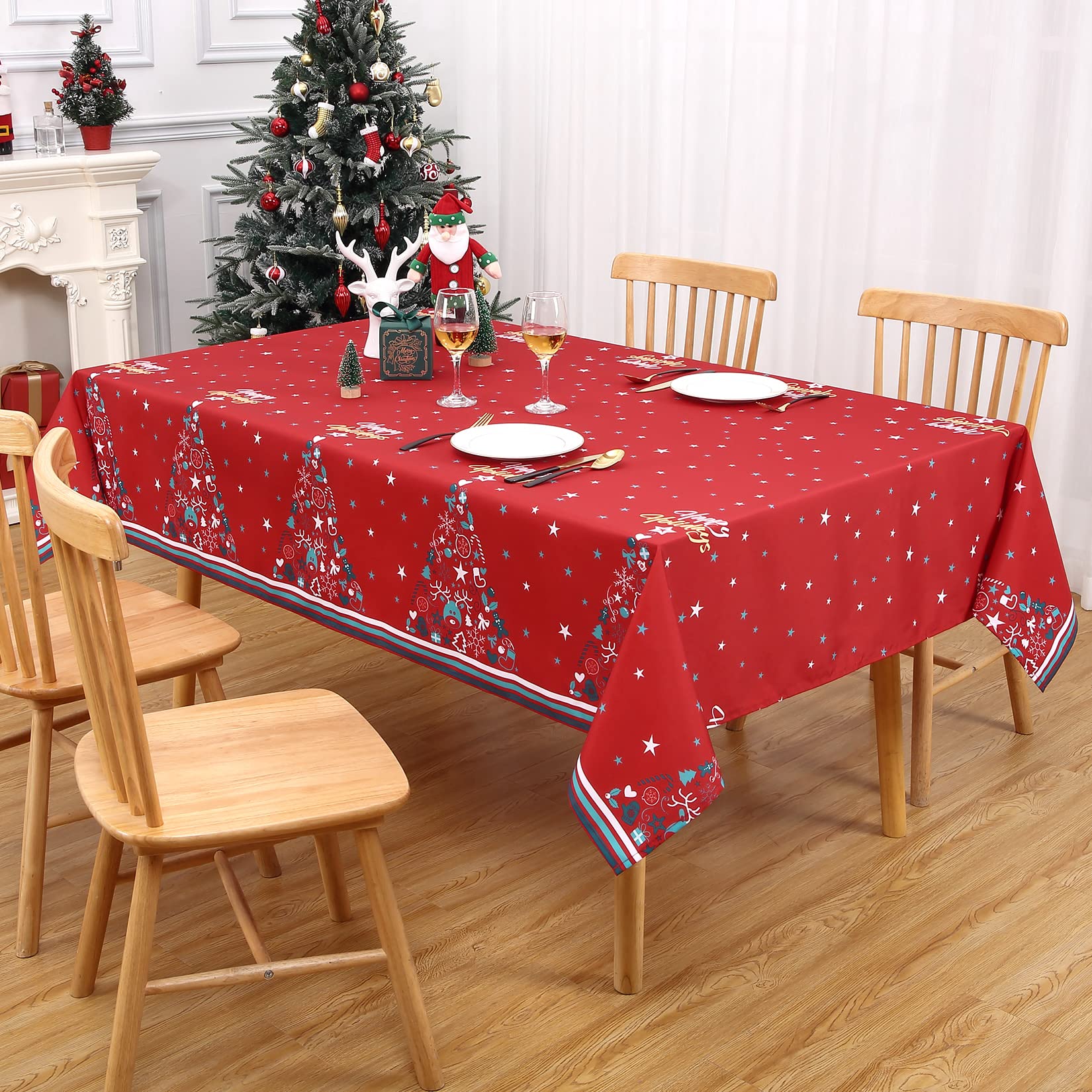 Tovaglia natalizia con albero di Natale, impermeabile, lavabile, 137x137 cm, rosa, per feste e cucina, festiva