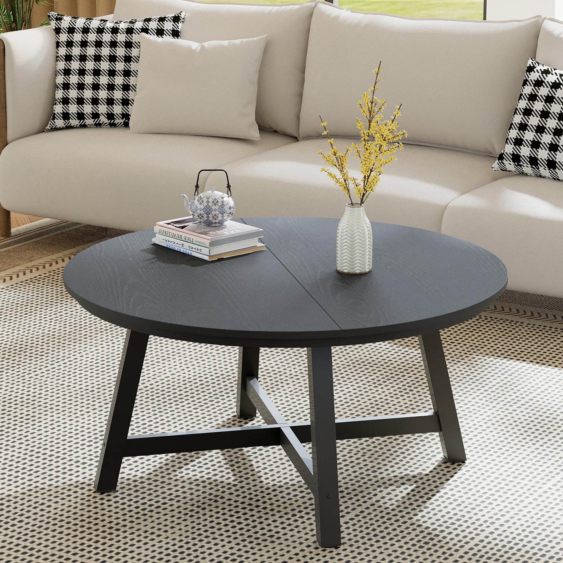 Tavolino da caffè rettangolare moderno Garvee 102x52cm in legno robusto minimalista marrone/nero per soggiorno e balcone