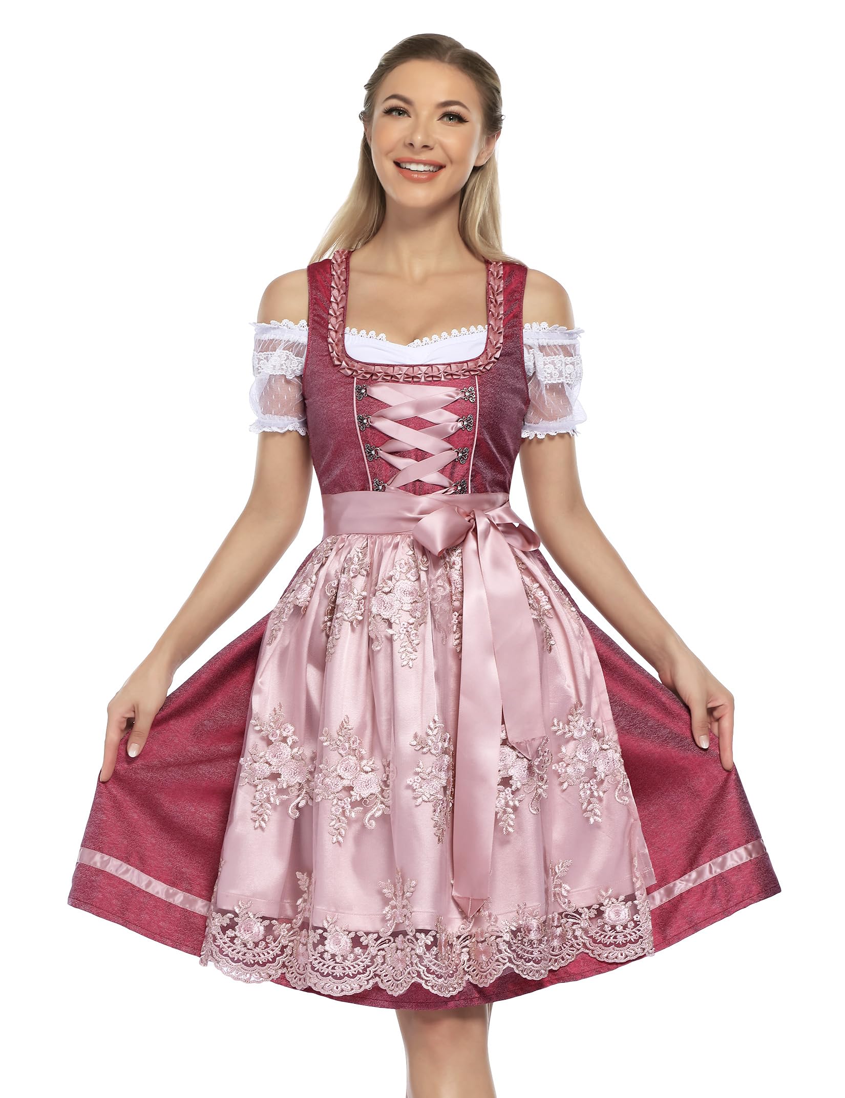 Garvee Dirndl, costume tradizionale da donna, due pezzi, lunghezza media, con grembiule in pizzo, adatto per l'Oktoberfest, colore rosa, qualità premium, taglia 34