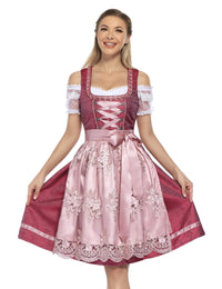 Garvee Dirndl, costume tradizionale da donna, due pezzi, lunghezza media, con grembiule in pizzo, adatto per l'Oktoberfest, colore rosa, qualità premium, taglia 34