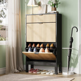 Scarpiera Garvee con 2 cassetti a ribalta, design scanalato in stile rustico, gambe in metallo, nero + rovere, per corridoio e ingresso, stretta - 