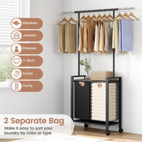 Garvee Laundry Sorter, cesto portabiancheria a 2 sezioni con asta appendiabiti e ripiano in legno per lavanderia, 2 x 49.2 L, nero