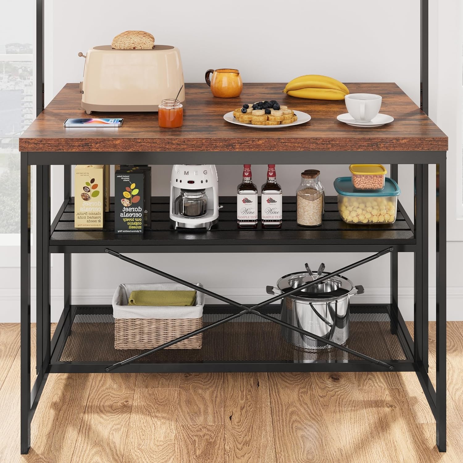 Isola da cucina Garvee con spazio di archiviazione, tavolo da 42", ripiani a 3 livelli, 5 ganci, MDF e metallo per cucina e sala da pranzo, versatile, zona pranzo, grigio