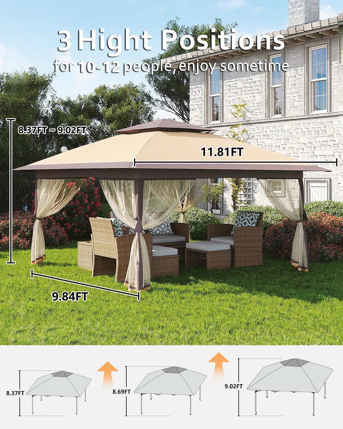Gazebo pop-up Garvee 12x12 con zanzariera, resistente ai raggi UV, regolabile in 3 altezze, struttura in acciaio, 6 pannelli laterali, tasche per sabbia per giardino e campeggio, bianco