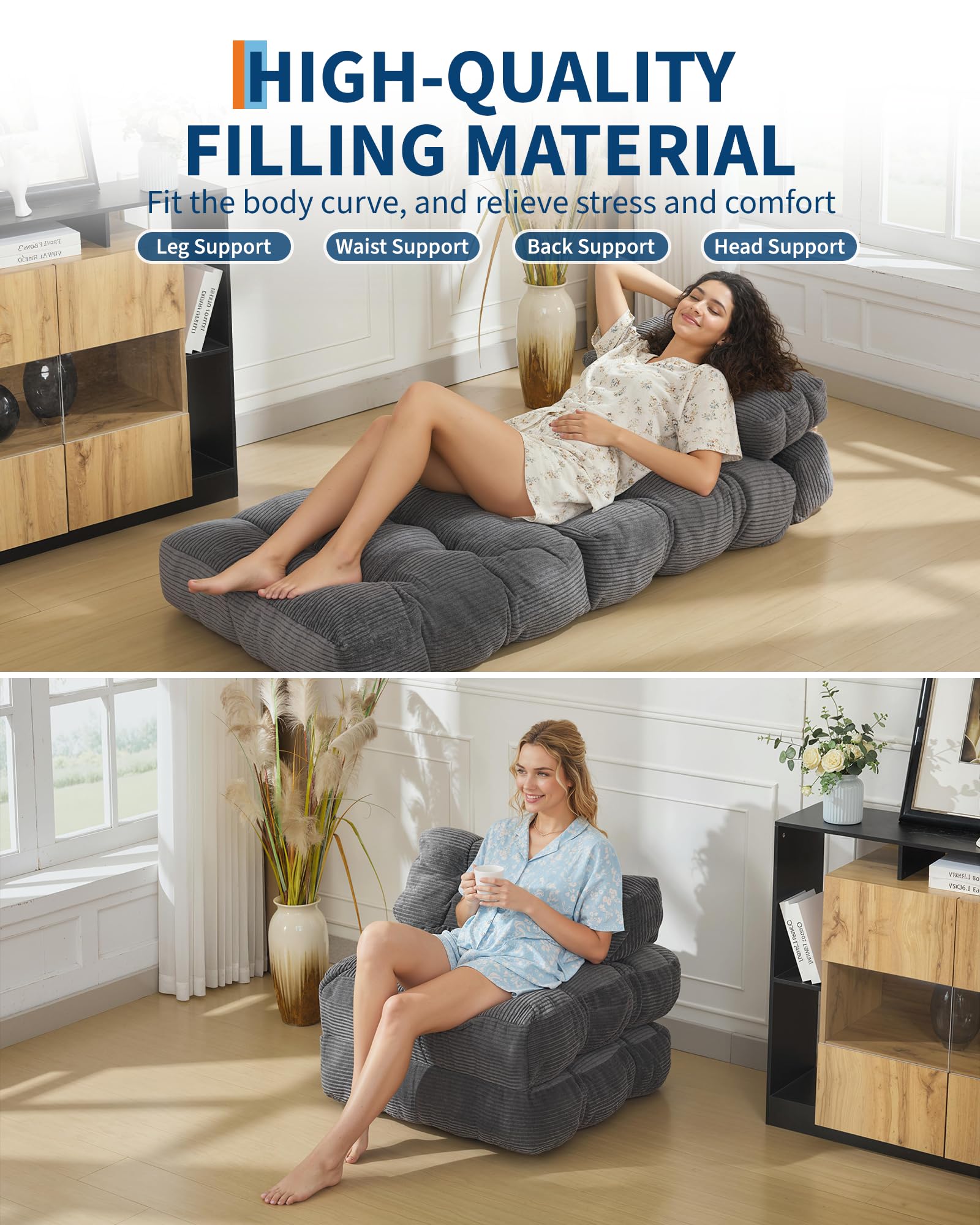 Divano letto pieghevole 3 in 1 Garvee con cuscini, supporto ergonomico per la guida, comfort in schiuma triturata, tessuto in velluto a coste, grigio, singolo, per soggiorno e camera da letto