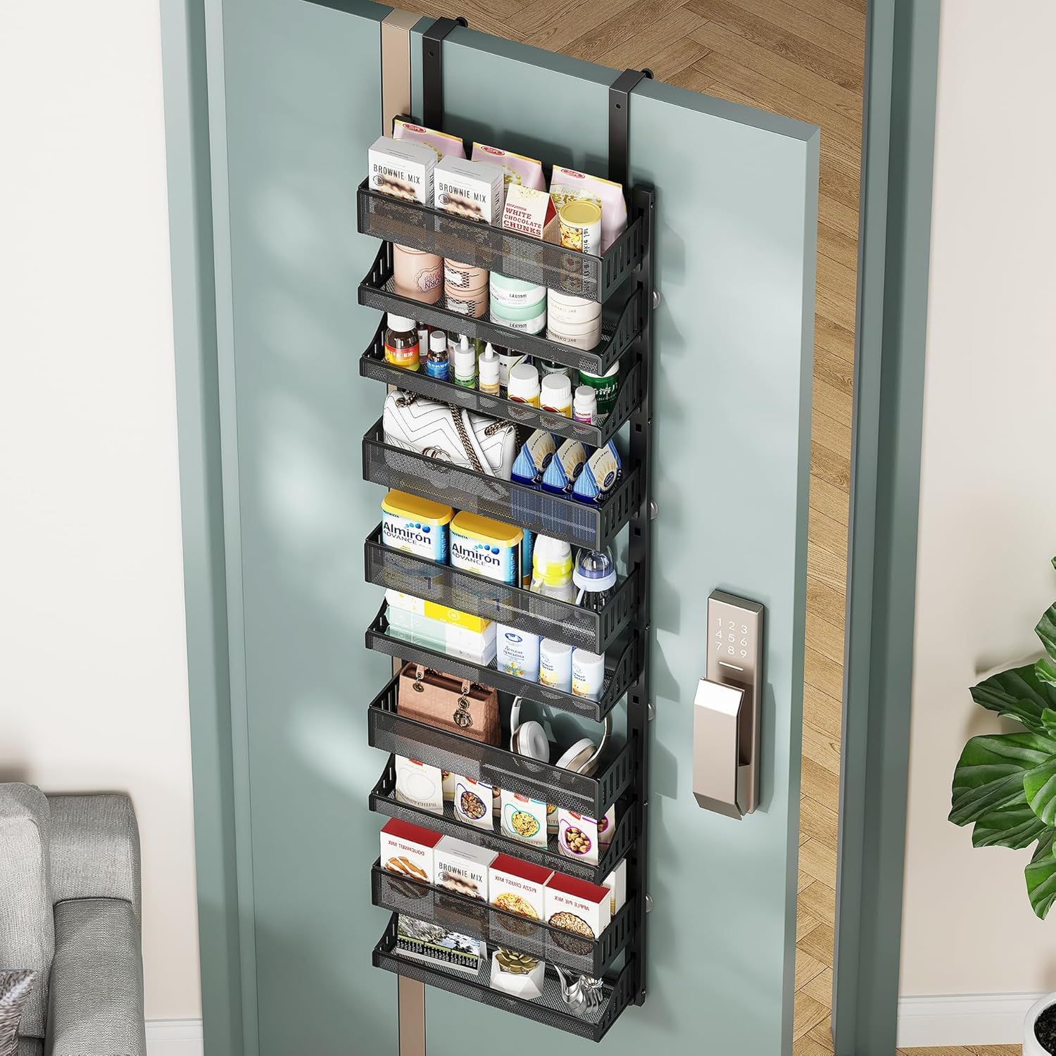 Porta spezie da appendere alla porta Garvee, portaoggetti da appendere alla porta a 10 ripiani, portaoggetti da appendere alla porta in metallo con ganci, organizer da appendere per cucina, dispensa, soggiorno, 41,5 x 13 x 154 cm, nero
