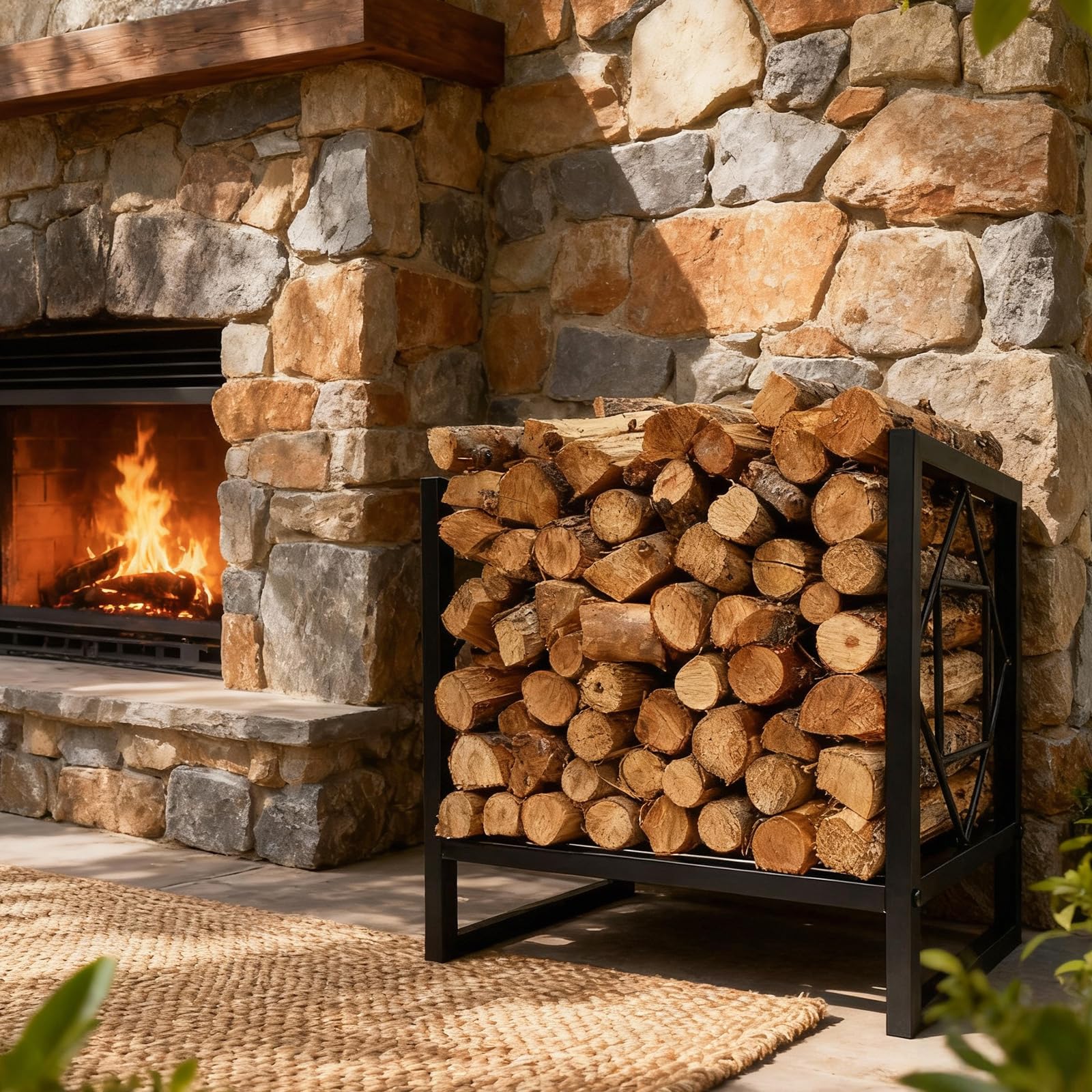 Garvee Portalegna in metallo piccolo, nero, compatto, per camino e patio, per interni ed esterni