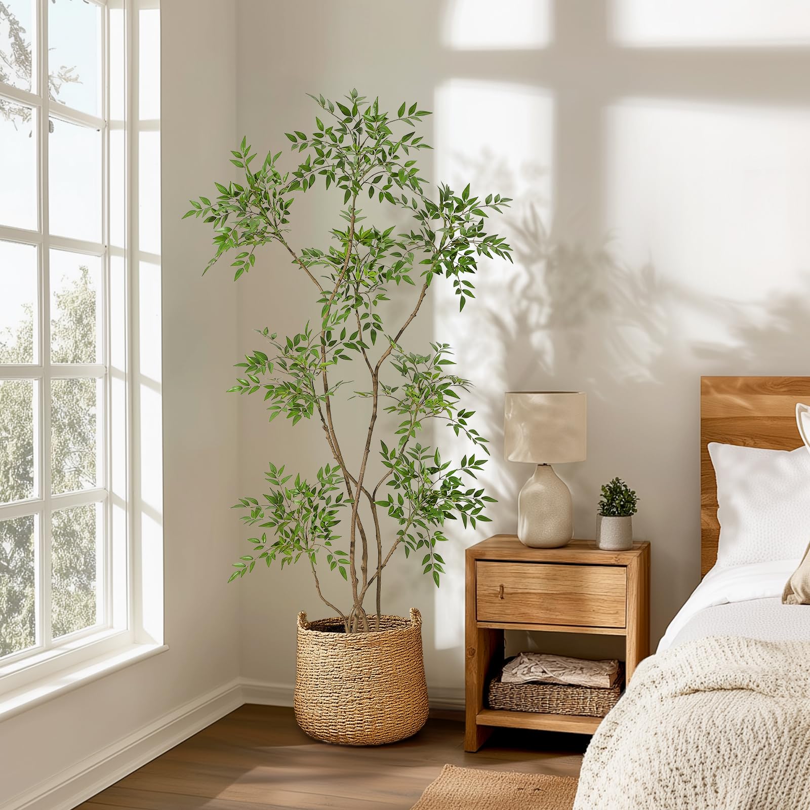 Pianta artificiale Nandina Garvee da 6 piedi con vaso in ceramica bianca per ufficio e soggiorno, realistica, facile da curare, durevole