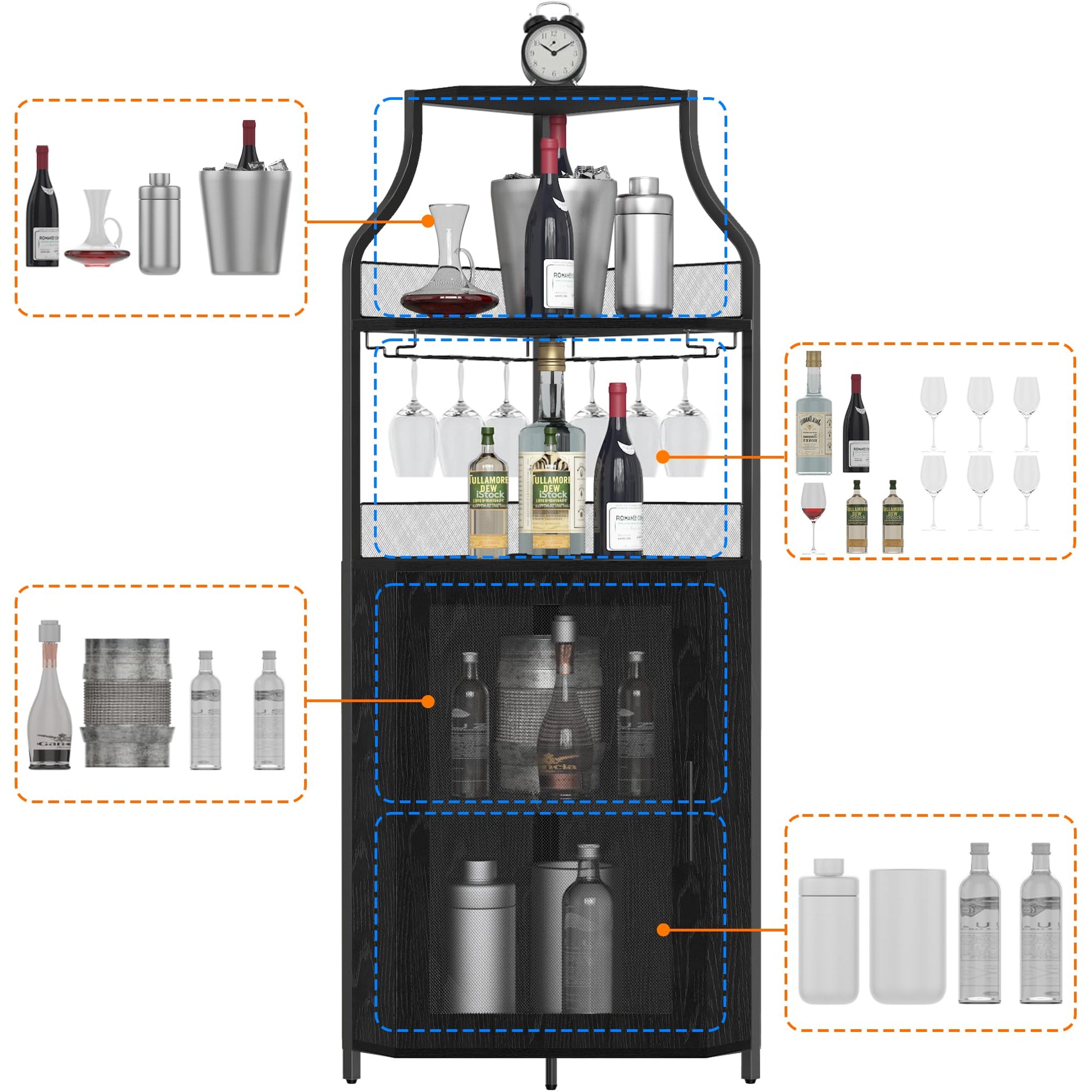Mobiletto angolare portaoggetti Garvee, 5 ripiani con portabicchieri, ripiani regolabili, struttura in metallo, MDF, porta a battente, nero, per soggiorno e cucina, 47,2 x 45,7 x 152,4 cm
