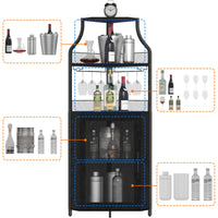 Mobiletto angolare portaoggetti Garvee, 5 ripiani con portabicchieri, ripiani regolabili, struttura in metallo, MDF, porta a battente, nero, per soggiorno e cucina, 47,2 x 45,7 x 152,4 cm