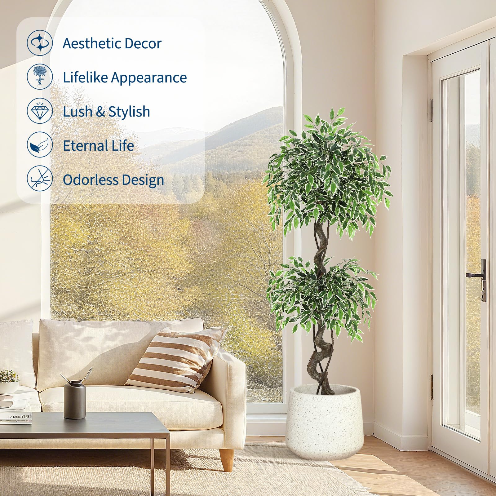 Albero di ficus artificiale Garvee da 5 piedi con oltre 1100 foglie di seta, vaso in ceramica RESISTANT, muschio e ciottoli per ufficio e soggiorno, verde realistico