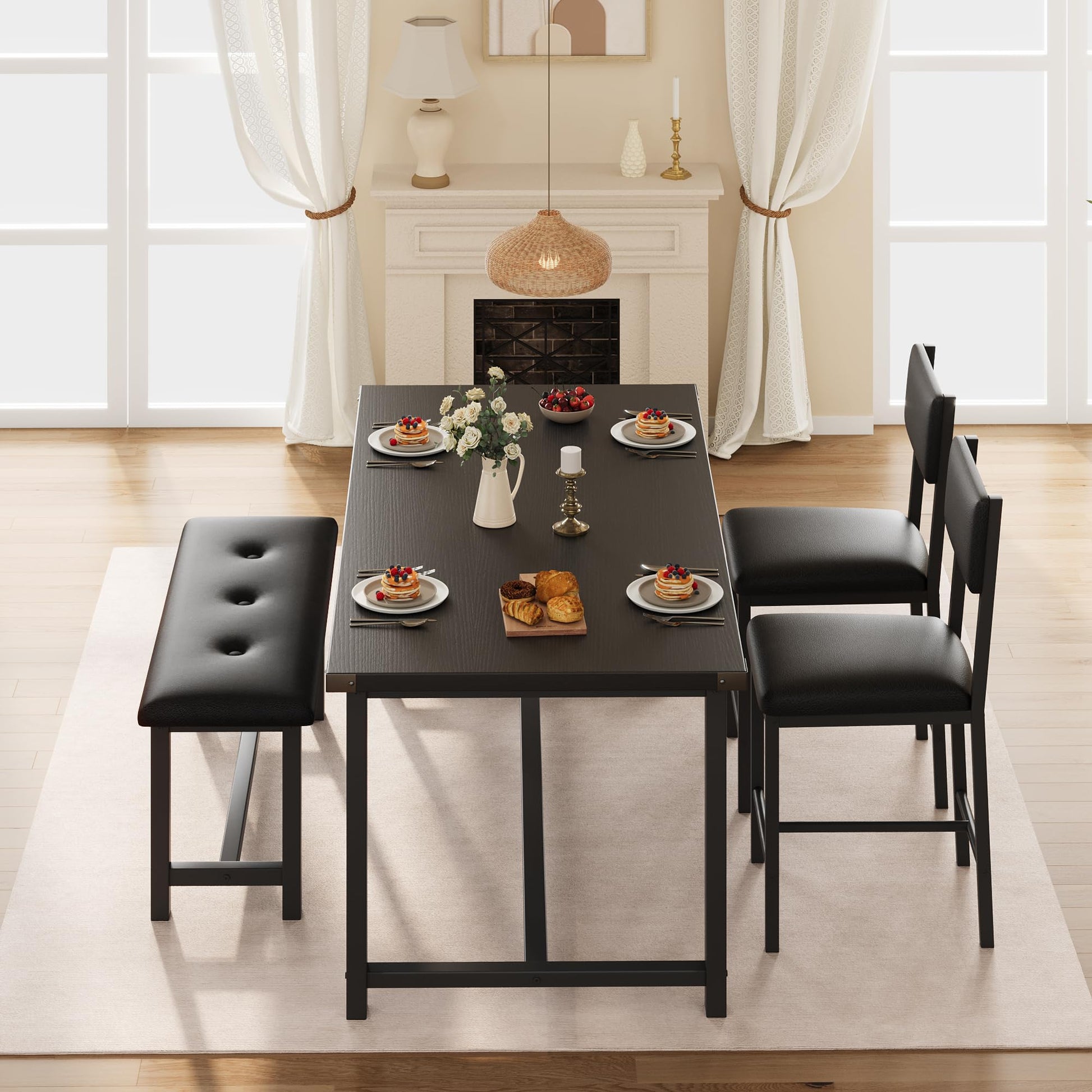 Set da pranzo Garvee per 4 persone con 2 posti imbottite e panca, MDF e acciaio, robusto, salvaspazio, per stanze e appartamenti di piccole dimensioni, grigio