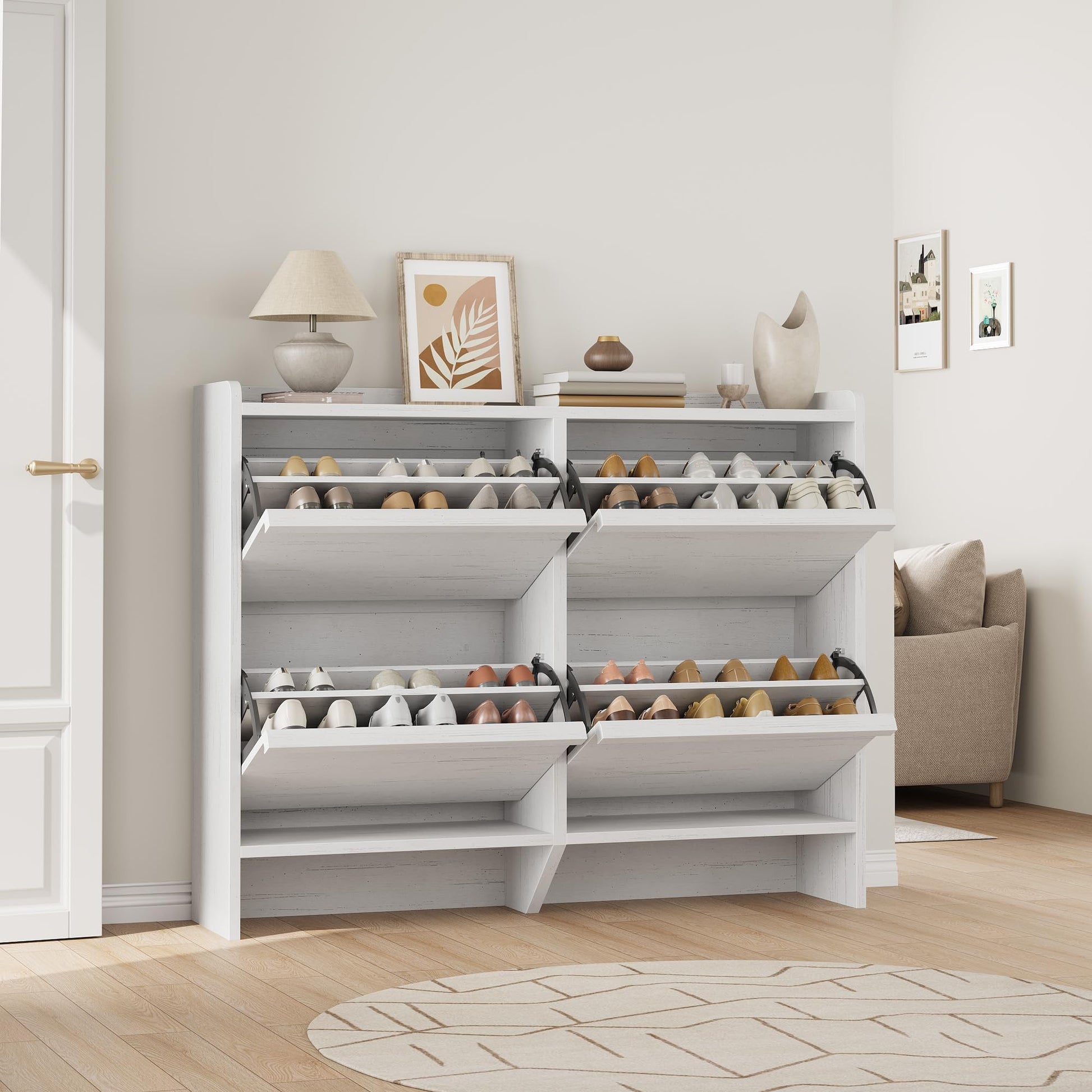 Garvee Mobile Porta Scarpe con 4 Cassetti Ribaltabili, Organizzatore in MDF Bianco per Ingresso e Soggiorno, Salvaspazio, 47.2"x10.3"x36.6"