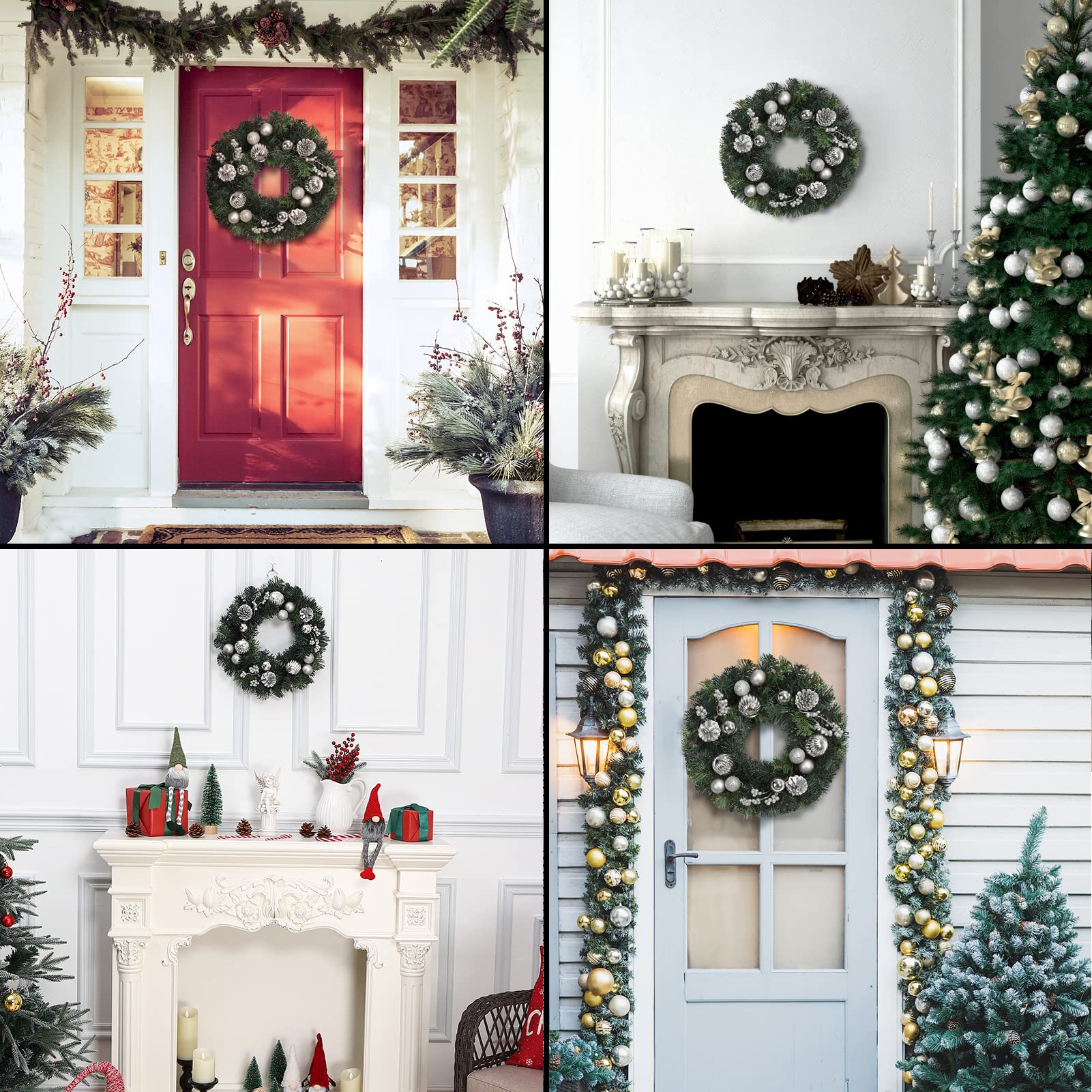 GARVEE Ghirlanda di Natale 40 cm Ghirlanda artificiale per porta Argentata con palline di Natale Pigne Bacche per porta d'ingresso Camino Decorazione da parete Verde