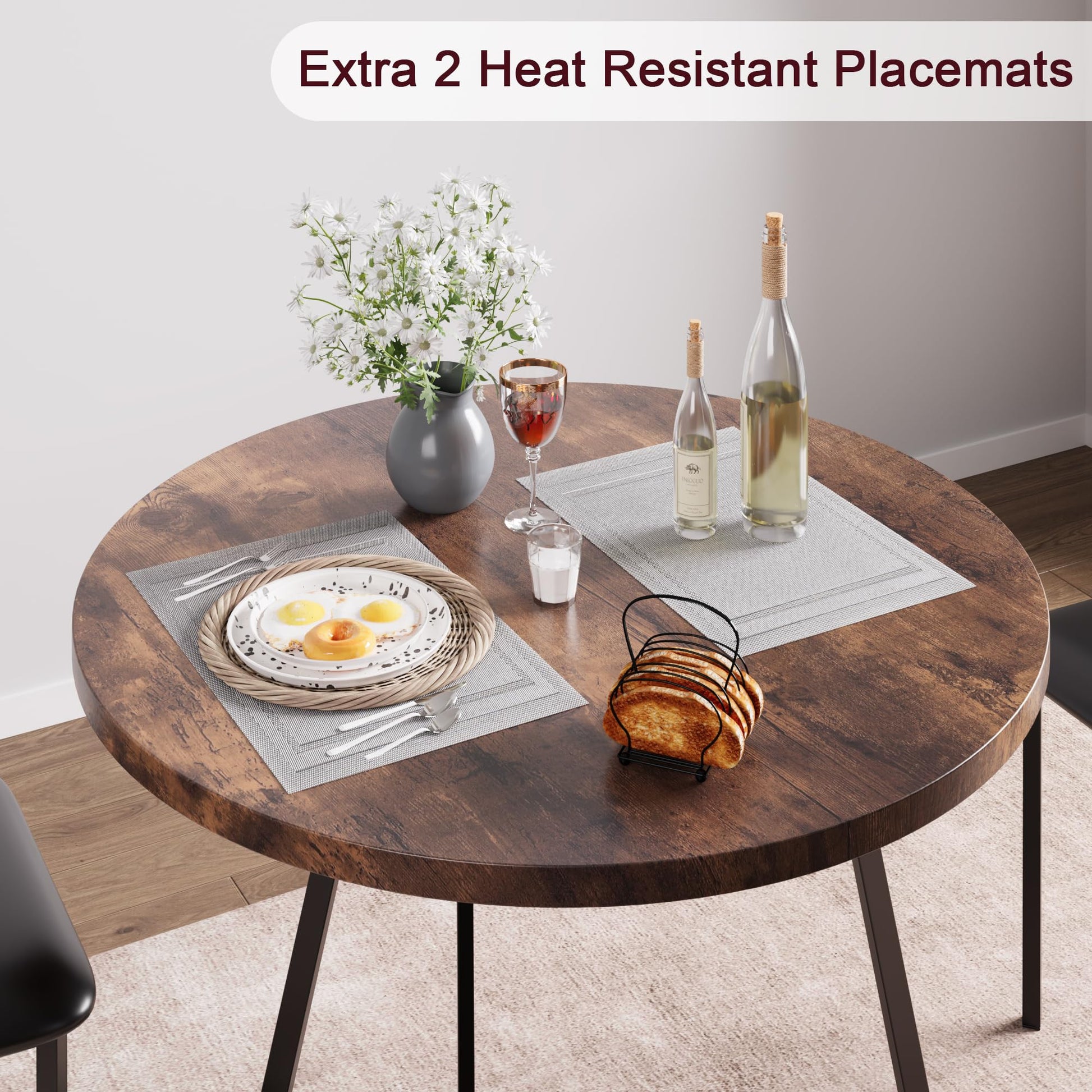 Set da pranzo rotondo Garvee per 2 persone con sedie imbottite, MDF e metallo, marrone retrò, salvaspazio per piccoli appartamenti