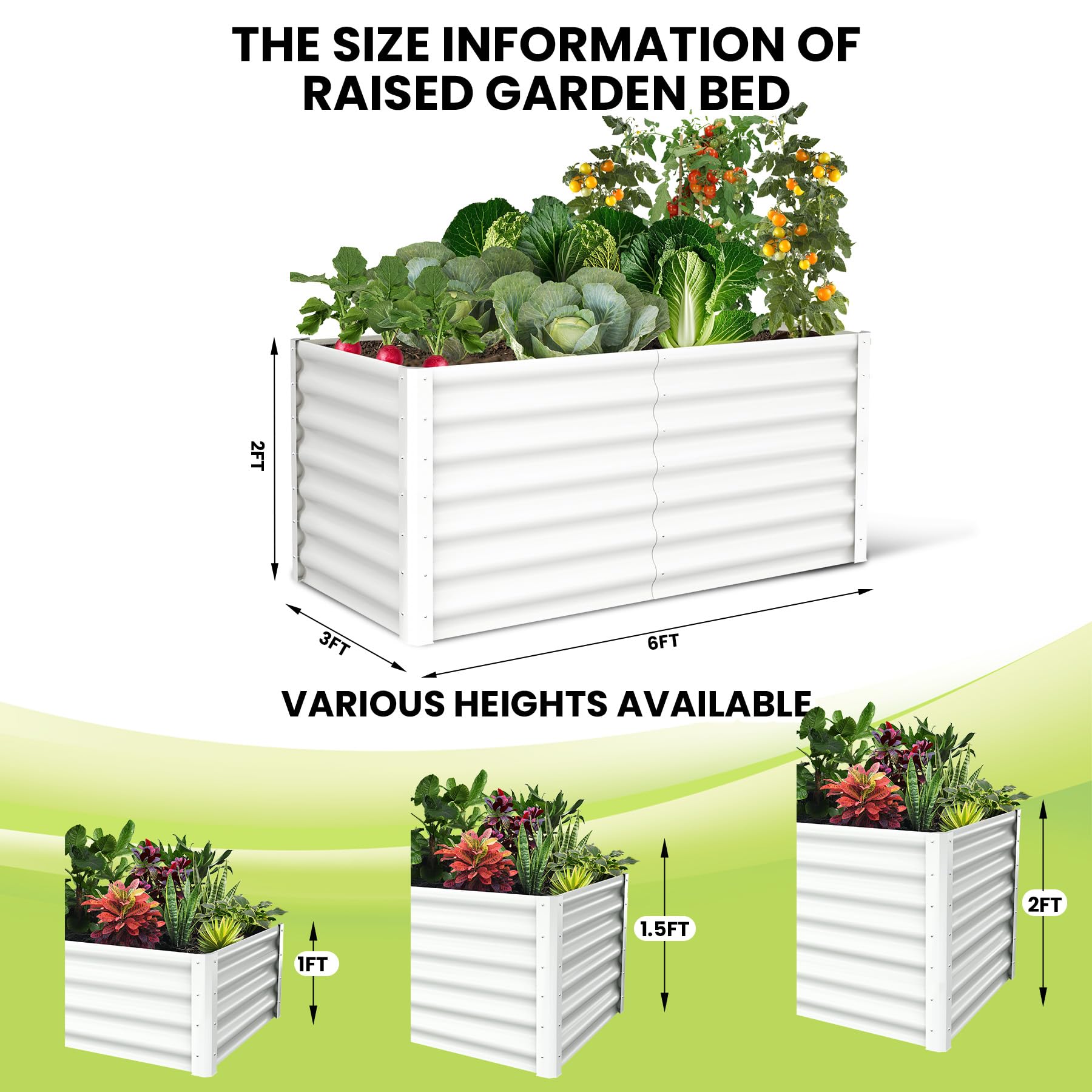 Aiuola rialzata Garvee, in metallo, 1,8x0,9x0,6 m, bianca - Antiruggine, permeabile all'acqua, verniciata a polvere, montaggio senza attrezzi - Per ortaggi e fiori