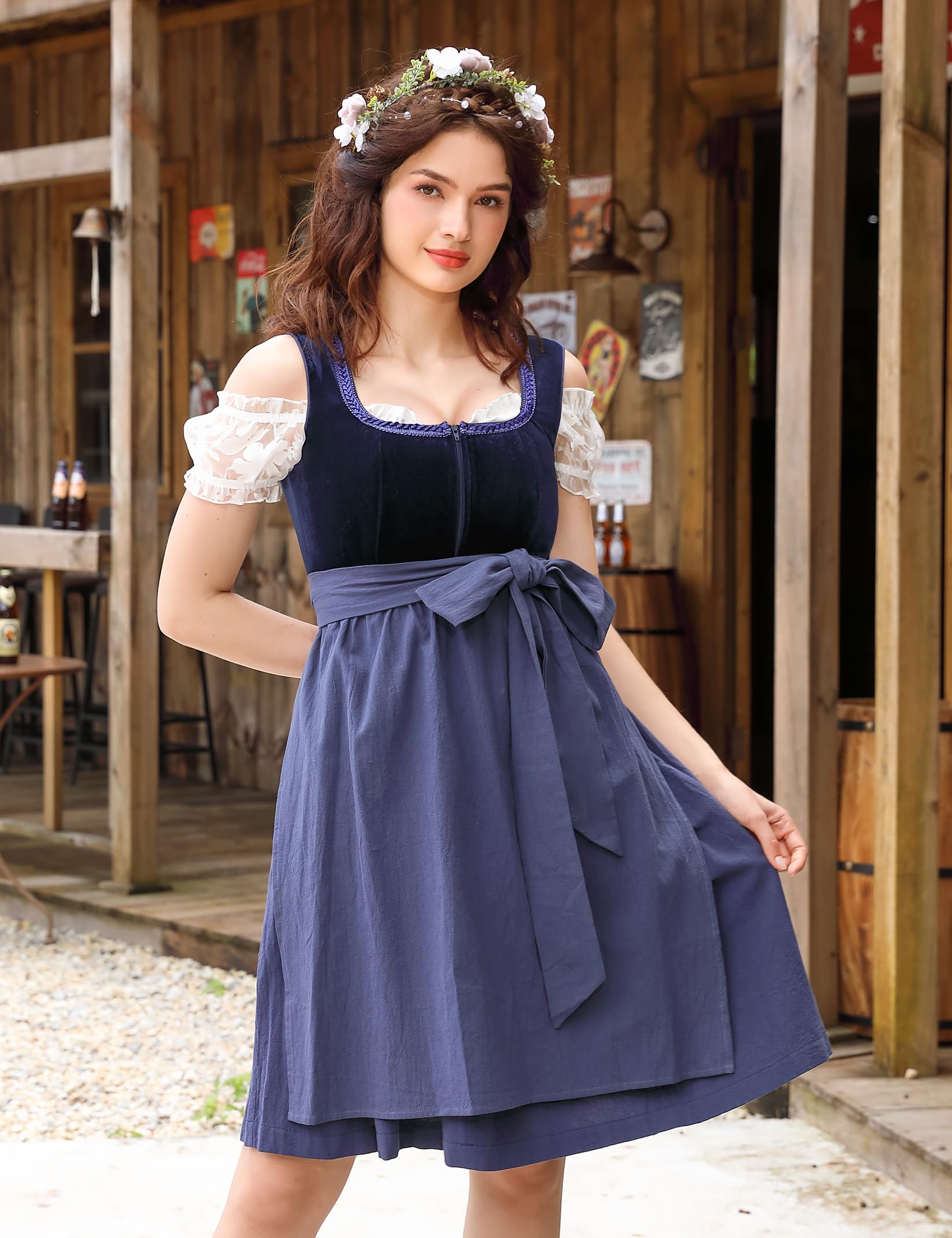 Garvee Abito tradizionale dirndl da donna in tre pezzi, Oktoberfest, velluto blu scuro, taglia 36