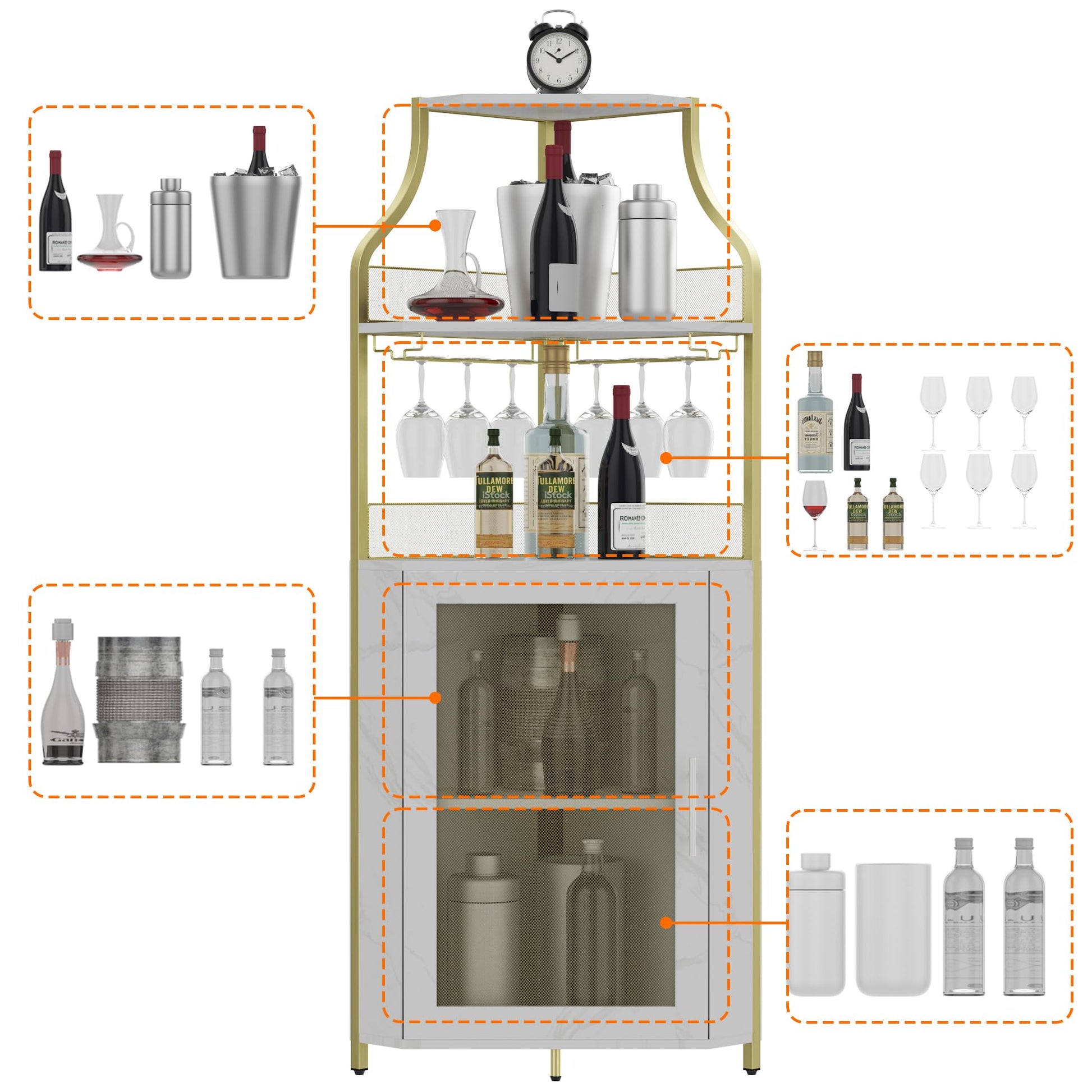 Mobile bar angolare Garvee per liquori con ripiani regolabili, 61 pollici, stile industriale, robusto MDF e metallo, porta in rete, portabicchieri, indipendente, cucina e soggiorno, nero