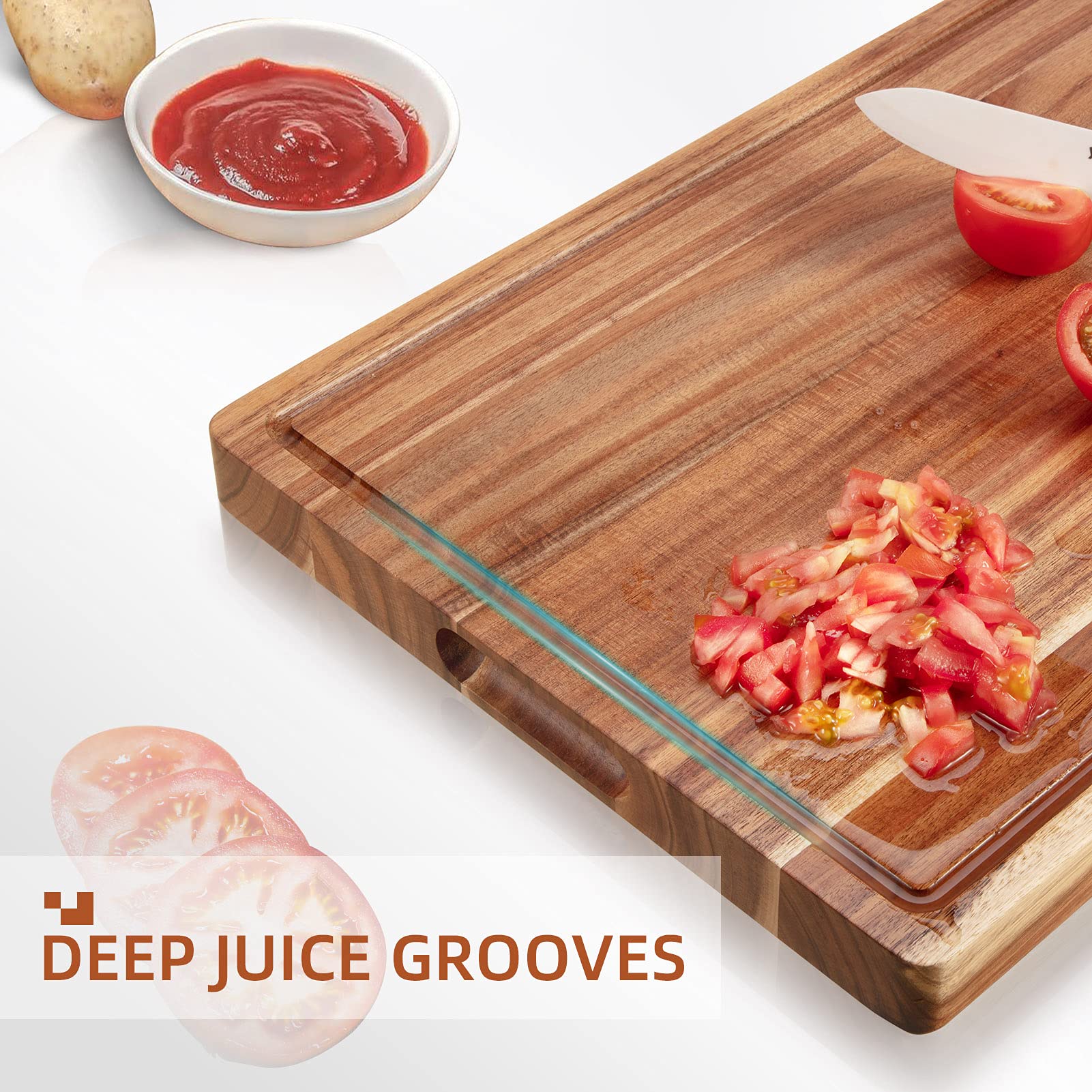 Tagliere in legno di acacia Garvee 50 x 38 x 3,8 cm con scanalatura per il succo – Utilizzabile su entrambi i lati, robusto e versatile per la cucina e il piacere