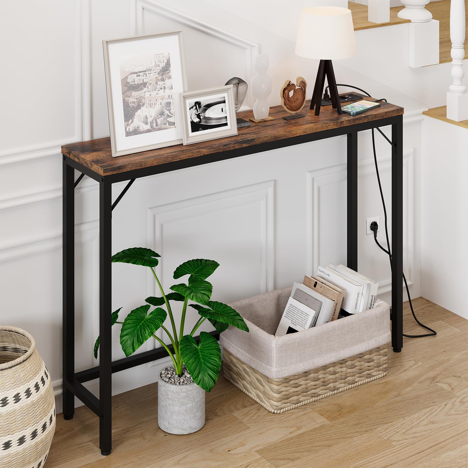 Consolle stretta Garvee con USB e presa di corrente, in legno e metallo vintage, per corridoio e soggiorno, 100x23x80 cm
