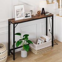 Consolle stretta Garvee con USB e presa di corrente, in legno e metallo vintage, per corridoio e soggiorno, 100x23x80 cm