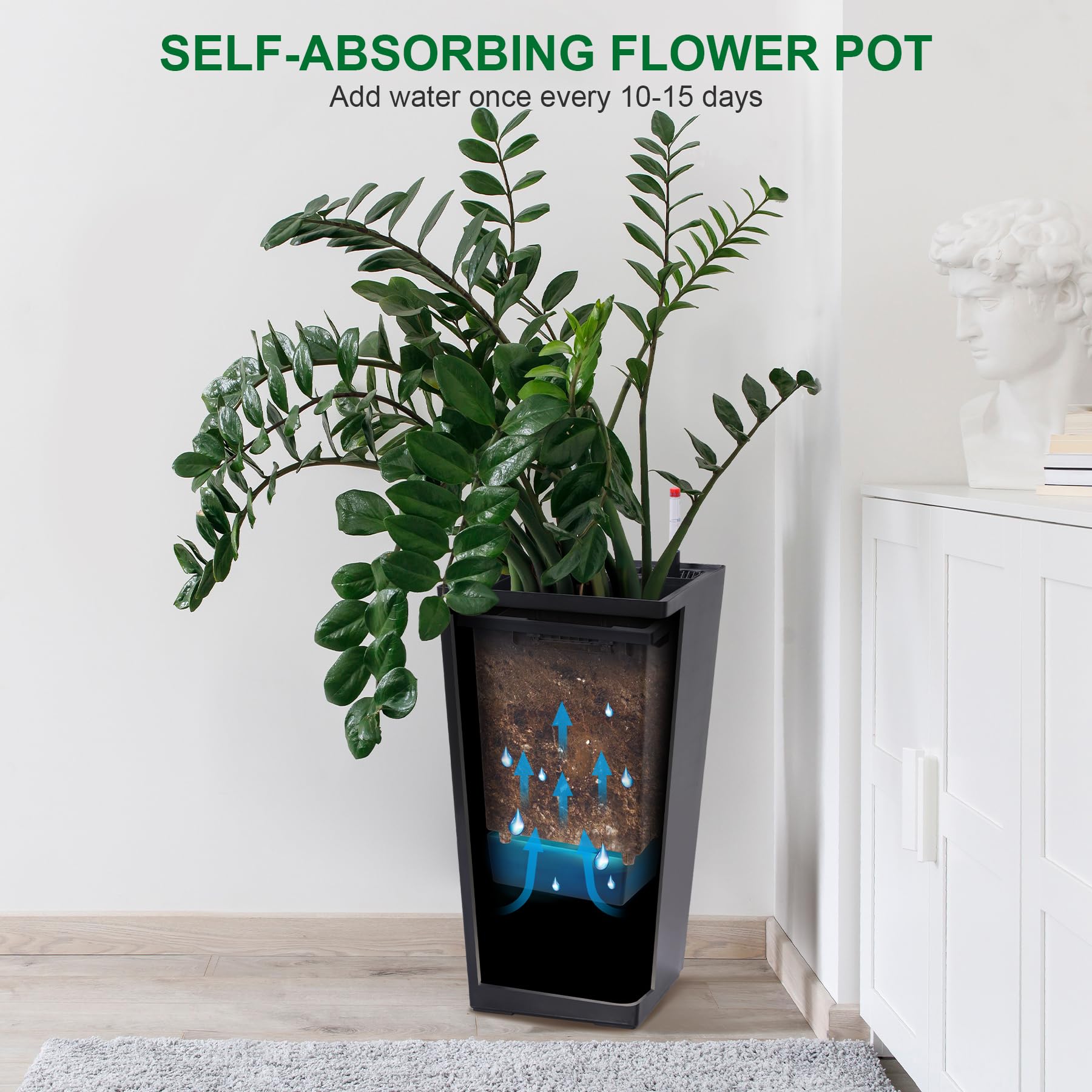 Garvee Set di 2 fioriere alte 22,5" con irrigazione automatica per giardino e patio, nere, plastica resistente alle intemperie, 22,5 pollici