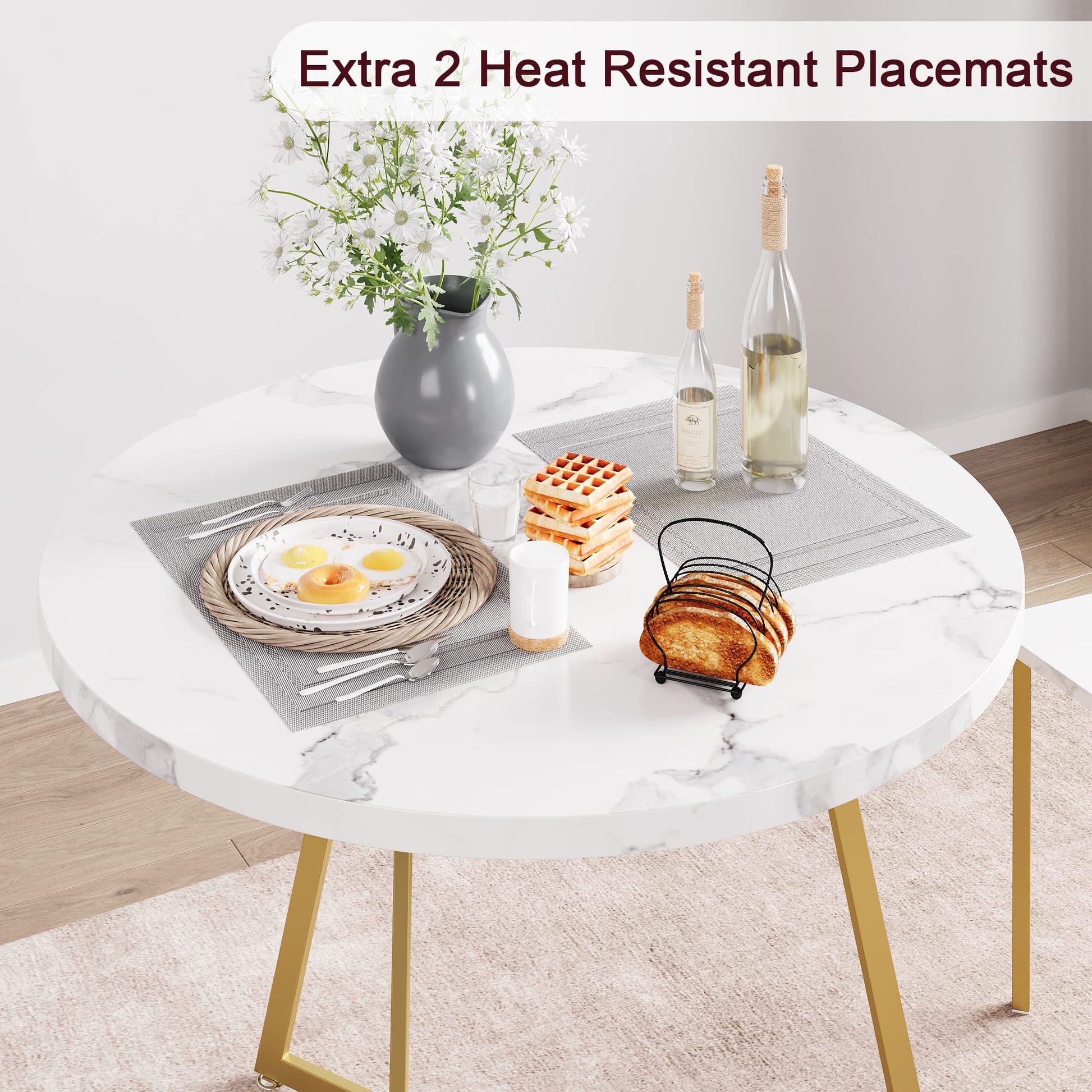 Set da pranzo Garvee per 2, tavolo da cucina rotondo moderno con sedie imbottite, marmo bianco e oro, MDF e acciaio, salvaspazio per stanze piccole