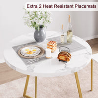 Set da pranzo Garvee per 2, tavolo da cucina rotondo moderno con sedie imbottite, marmo bianco e oro, MDF e acciaio, salvaspazio per stanze piccole