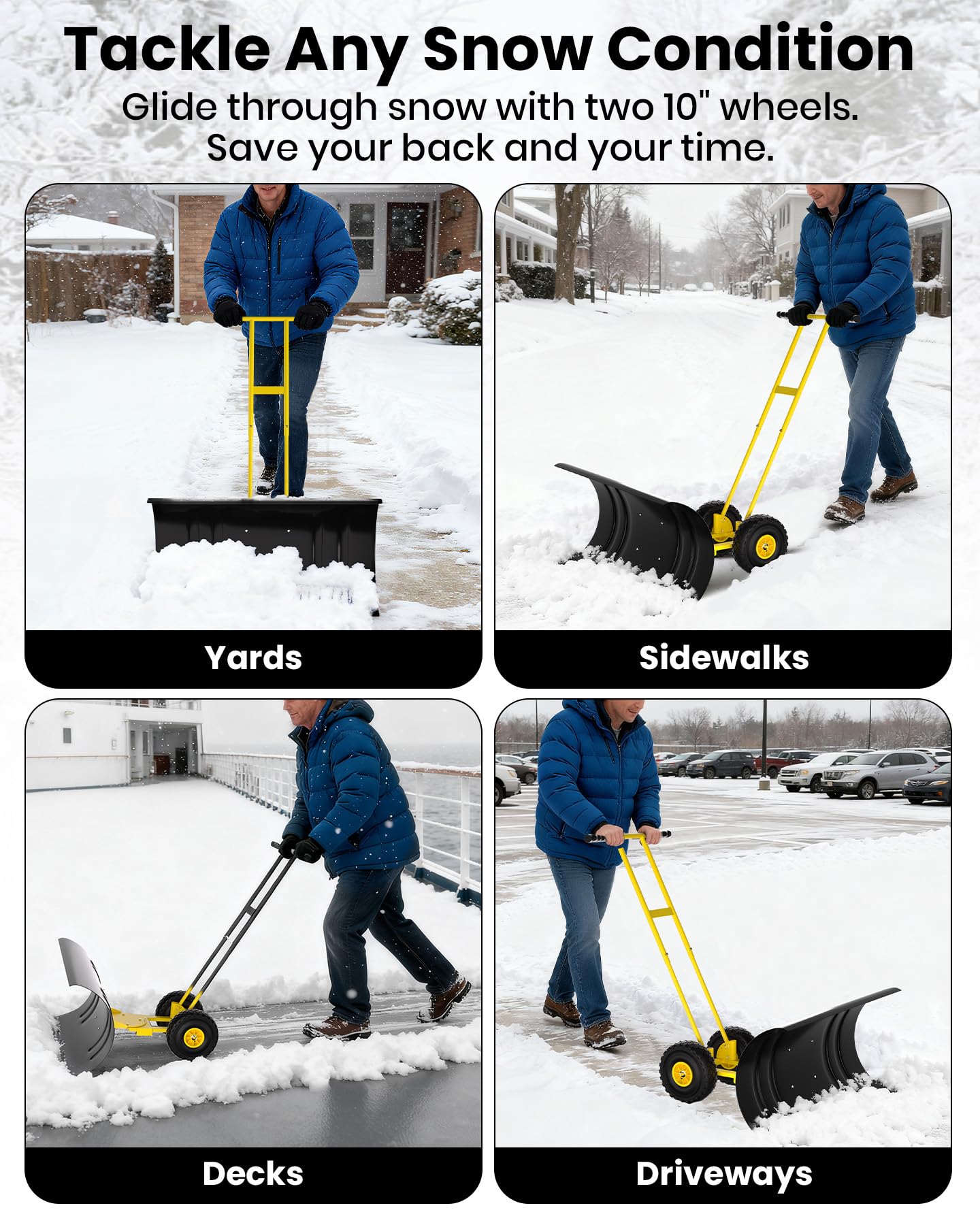 Pala da neve Garvee con ruote, lama in acciaio da 36", manico regolabile, grande pala per vialetti, base in plastica, ergonomica