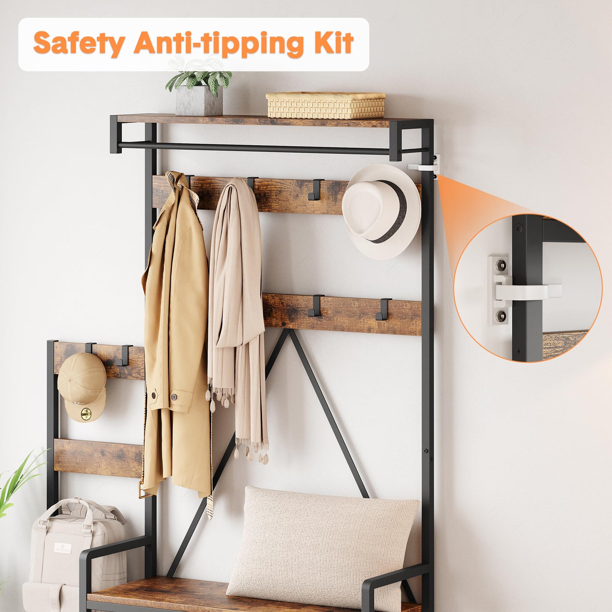 Appendiabiti Garvee con scarpiera e contenitore, robusta struttura in metallo, 8 ganci e ripiano, MDF, rustico, piedini regolabili, corridoio e soggiorno