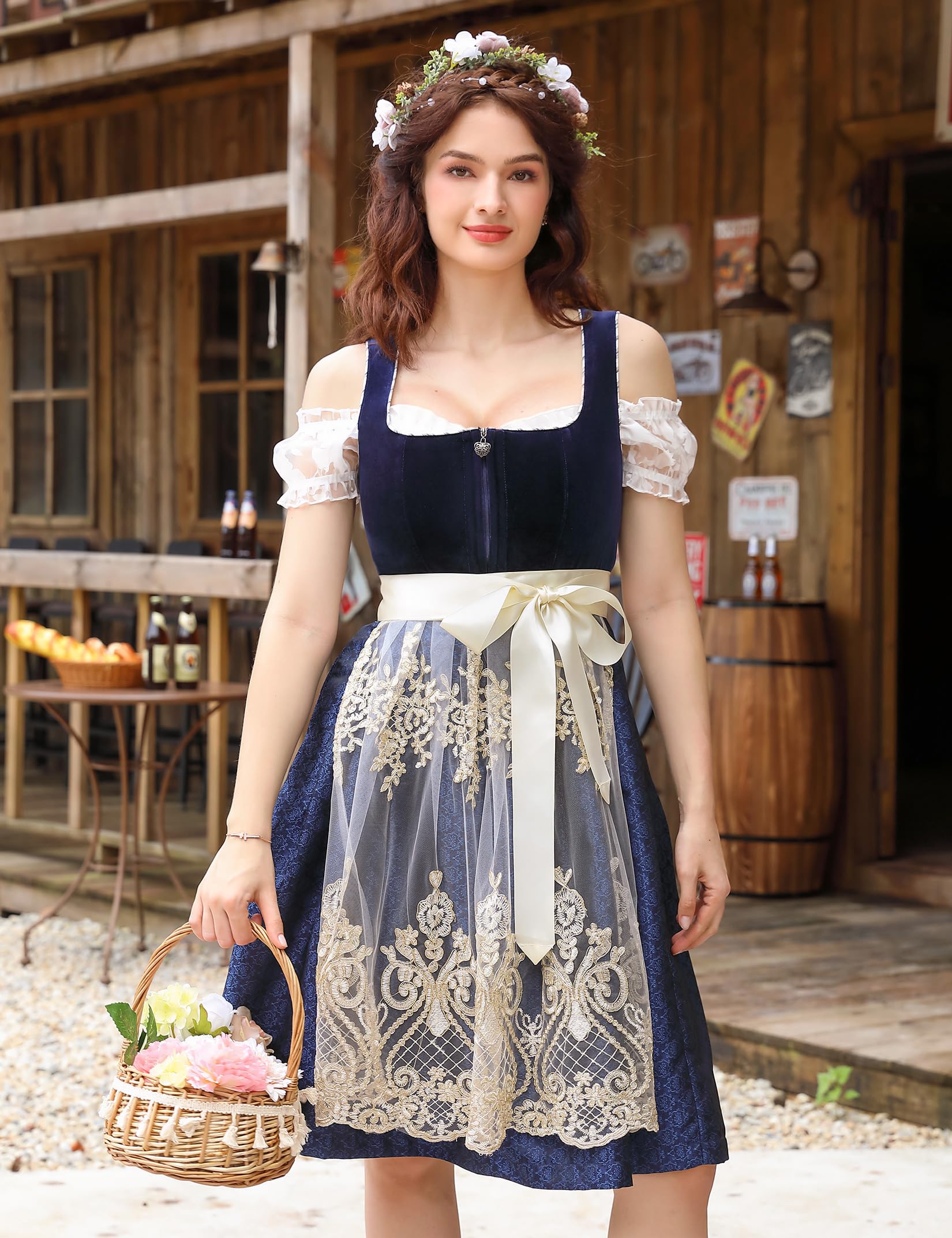 Abito Dirndl Garvee, 3 pezzi, da donna, con grembiule in pizzo, per l'Oktoberfest, abito midi, blu, taglia 38