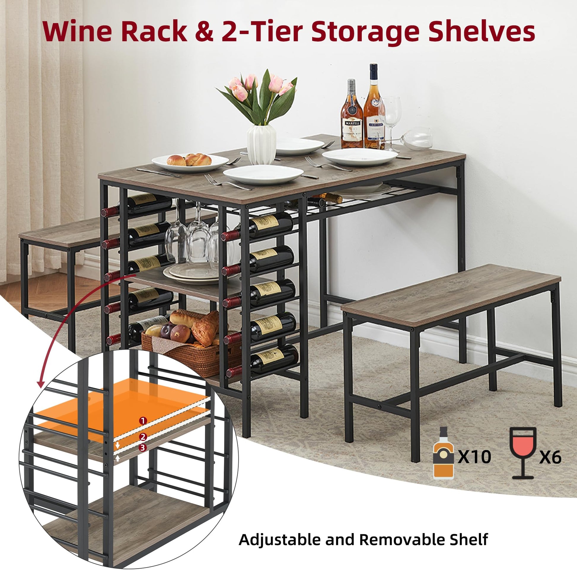 Set da pranzo Garvee per 4 persone con portabottiglie e contenitore, metallo e legno, salvaspazio, robusto, 2 panche, piccoli spazi