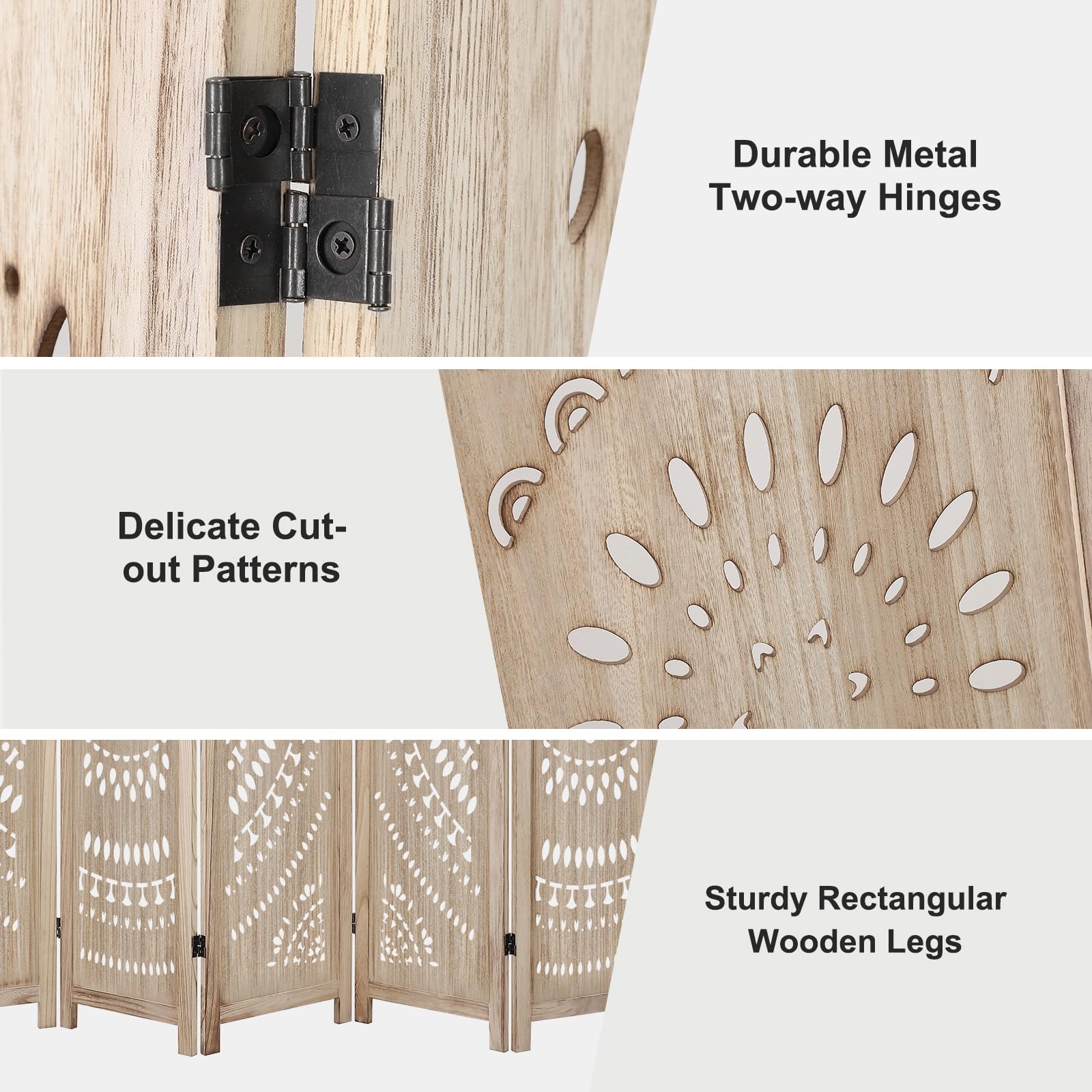 Divisorio per ambienti Garvee da 66,9 pollici, pieghevole, 6 pannelli, in legno di Paulownia, MDF, per soggiorno, ufficio, divisorio per la privacy, classico