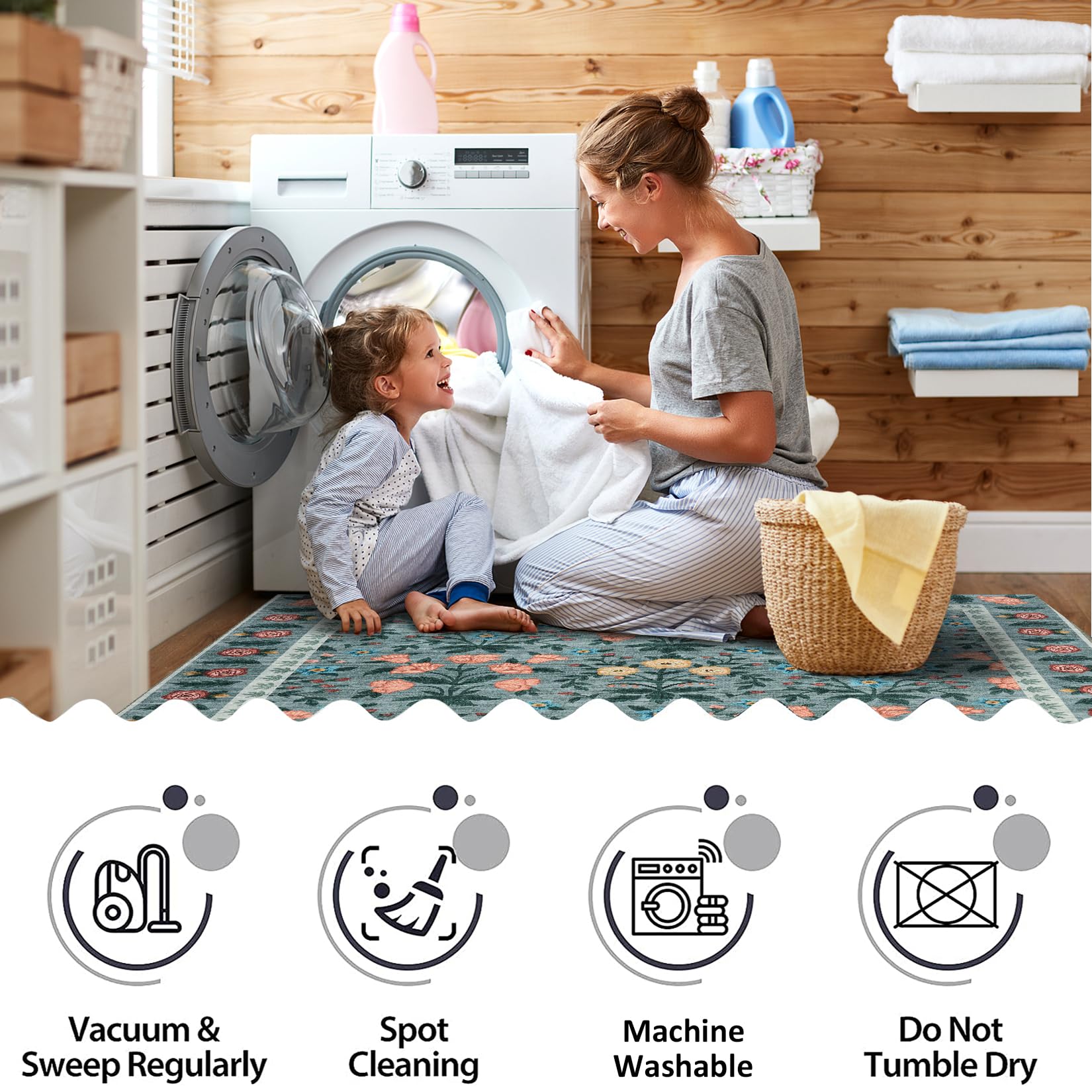 Tappeto decorativo Garvee per interni Boho, 200x290 cm, grande, antiscivolo, nero, a pelo corto, con motivo floreale, per soggiorno, cameretta dei bambini, sala giochi