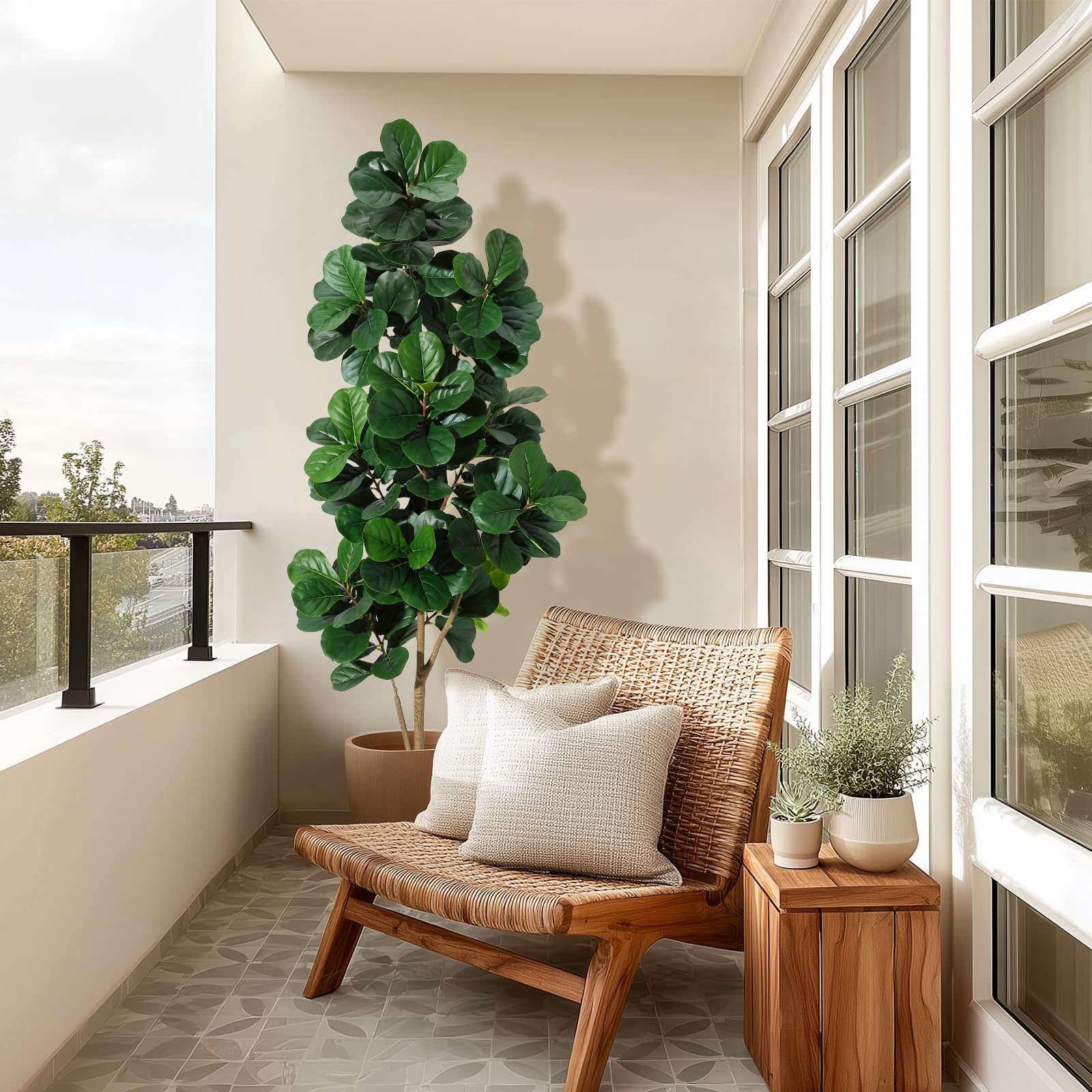 Albero artificiale Garvee Ficus Lyrata da 2,1 m con 141 foglie, vaso bianco da 23 cm, decorazione per ufficio e soggiorno, foglie in PVC+PE, design stabile