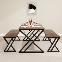Tavolo da pranzo Garvee con 2 panche, struttura in metallo, legno MDF, antigraffio per cucina e sala da pranzo, salvaspazio, marrone