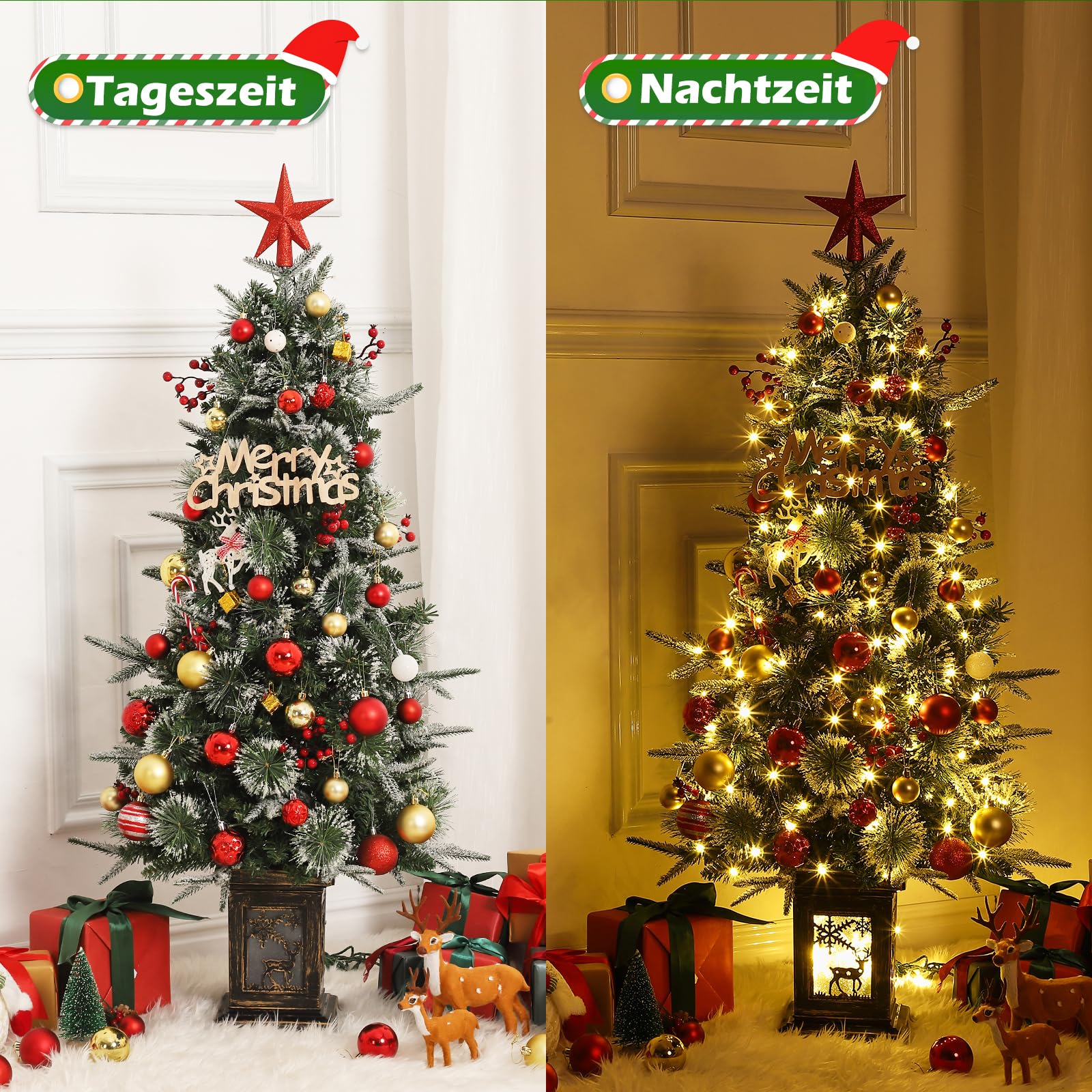 Albero di Natale Garvee da 125 cm con illuminazione a LED e base a forma di renna - Albero di Natale artificiale per decorazioni festive