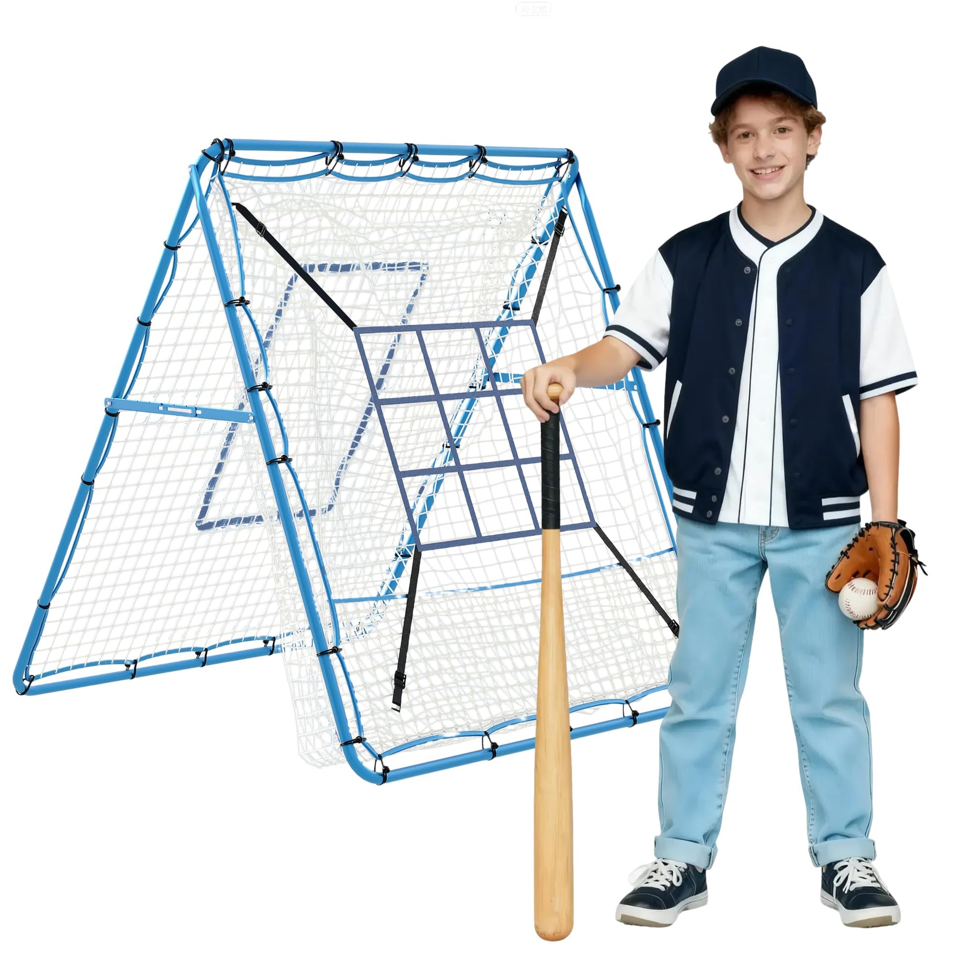 Rete da rimbalzo per lancio di baseball Garvee 5x4 piedi con bersaglio a 9 fori, angolo regolabile, struttura in metallo, pieghevole, versatile per giardino e allenamento