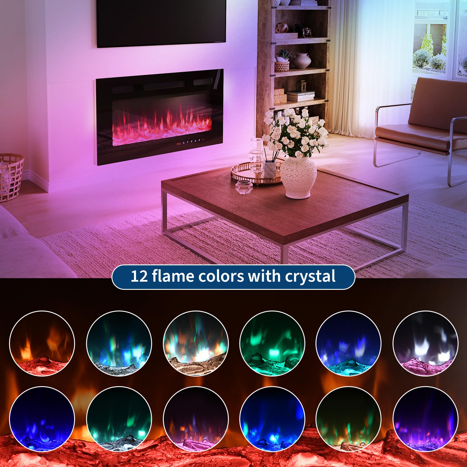 Camino elettrico Garvee, ultrapiatto, da parete, possibilità di installazione a incasso, con telecomando, riscaldatore da 1800 W, 12 colori, timer fino a 12 ore, certificato ETL per 37 m², design moderno, frontale in vetro e aspetto legno/cristallo