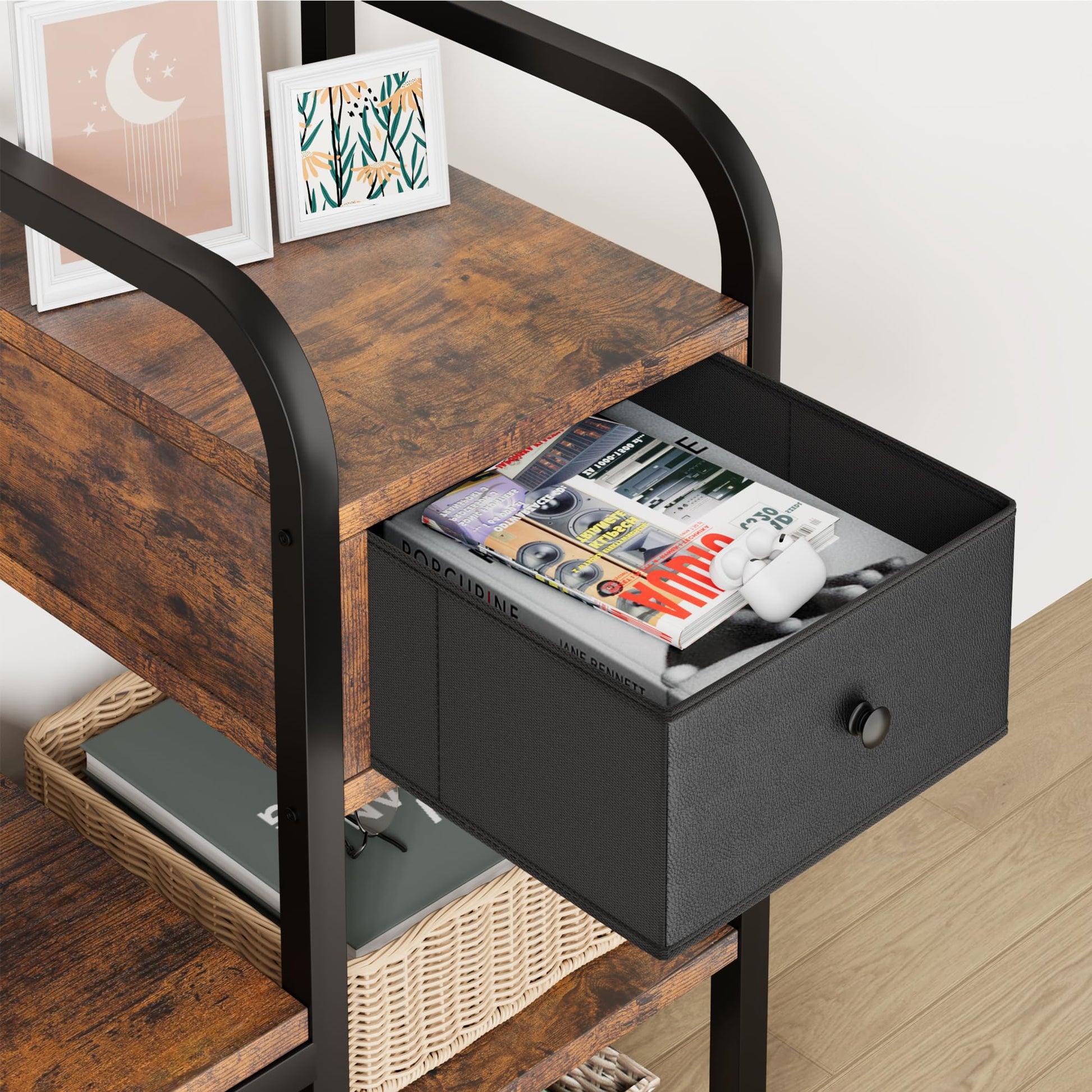 Armadio a muro Garvee 3 in 1 con scarpiera e cassetto per corridoio e ingresso, in legno e metallo, stile rustico moderno, nero/bianco, salvaspazio