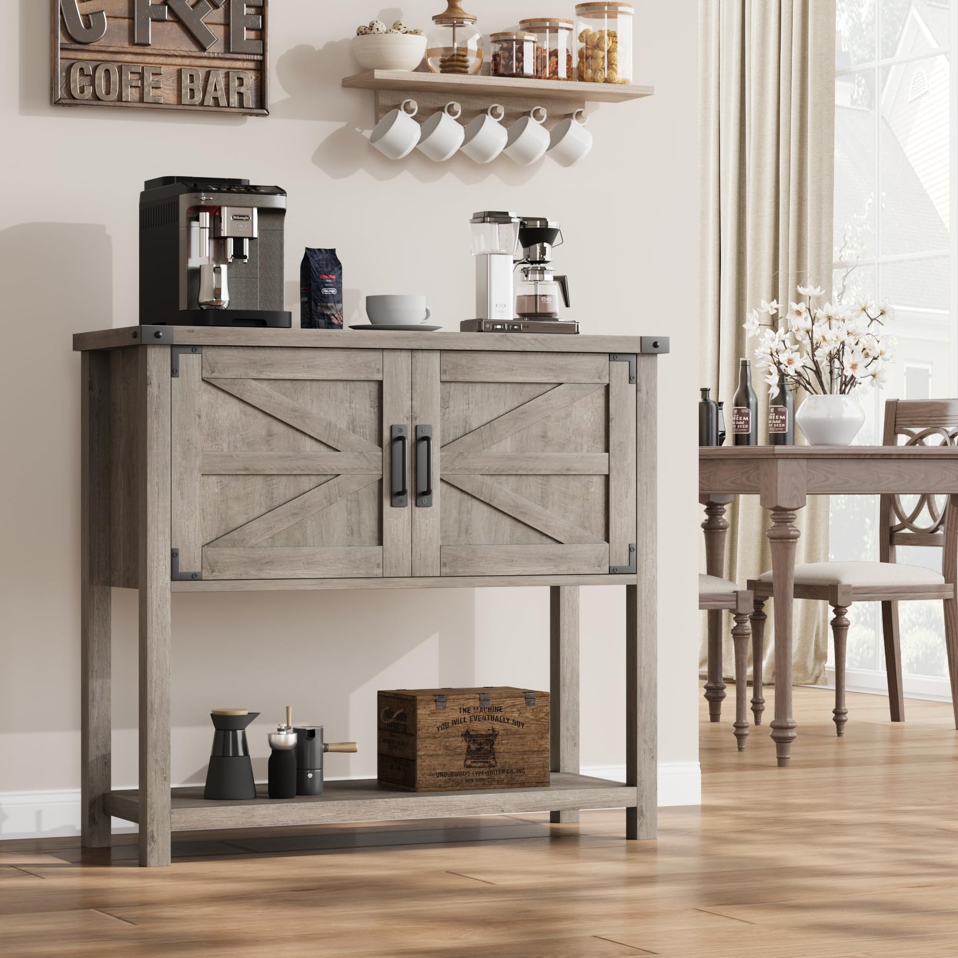 Tavolo consolle in legno Garvee Farmhouse con 2 ante per cucina e corridoio, 80x30x90 cm, grigio, robusto e multifunzionale