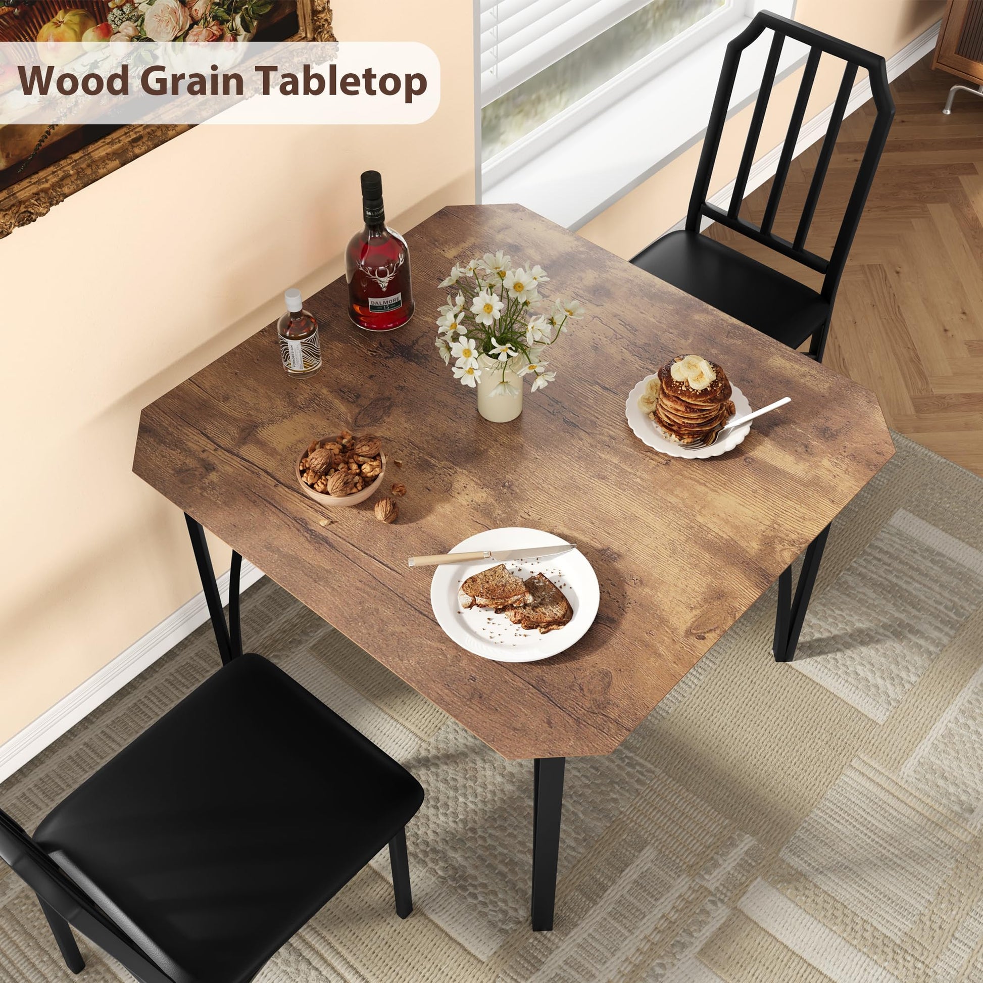 Set da pranzo Garvee per 2 persone con design smussato, sedie imbottite in PU, MDF e acciaio, compatto, ideale per piccoli spazi, 43,7x27,5x30,7 pollici, nero