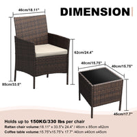 Set di mobili da giardino Garvee, 3 pezzi, rattan PE, sedie ergonomiche, tavolo in vetro, resistente alle intemperie, marrone-beige, balcone, giardino
