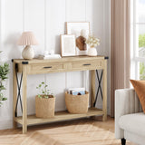 Garvee Tavolo Consolle Bohemien con Cassetti in Rattan per Ingresso e Soggiorno, 43" Legno MDF, Metallo, Stile Rustico, Grigio - Colore del legno