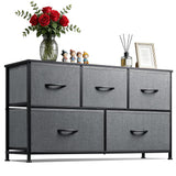 Garvee Cassettiera 5 Cassetti in Tessuto con Struttura in Metallo, Ampio Organizzatore 100 cm, Resistente, Rimovibile, Regolabile, Finiture Vintage Nero, Per Camera e Soggiorno - Noce con venatura nera anticata
